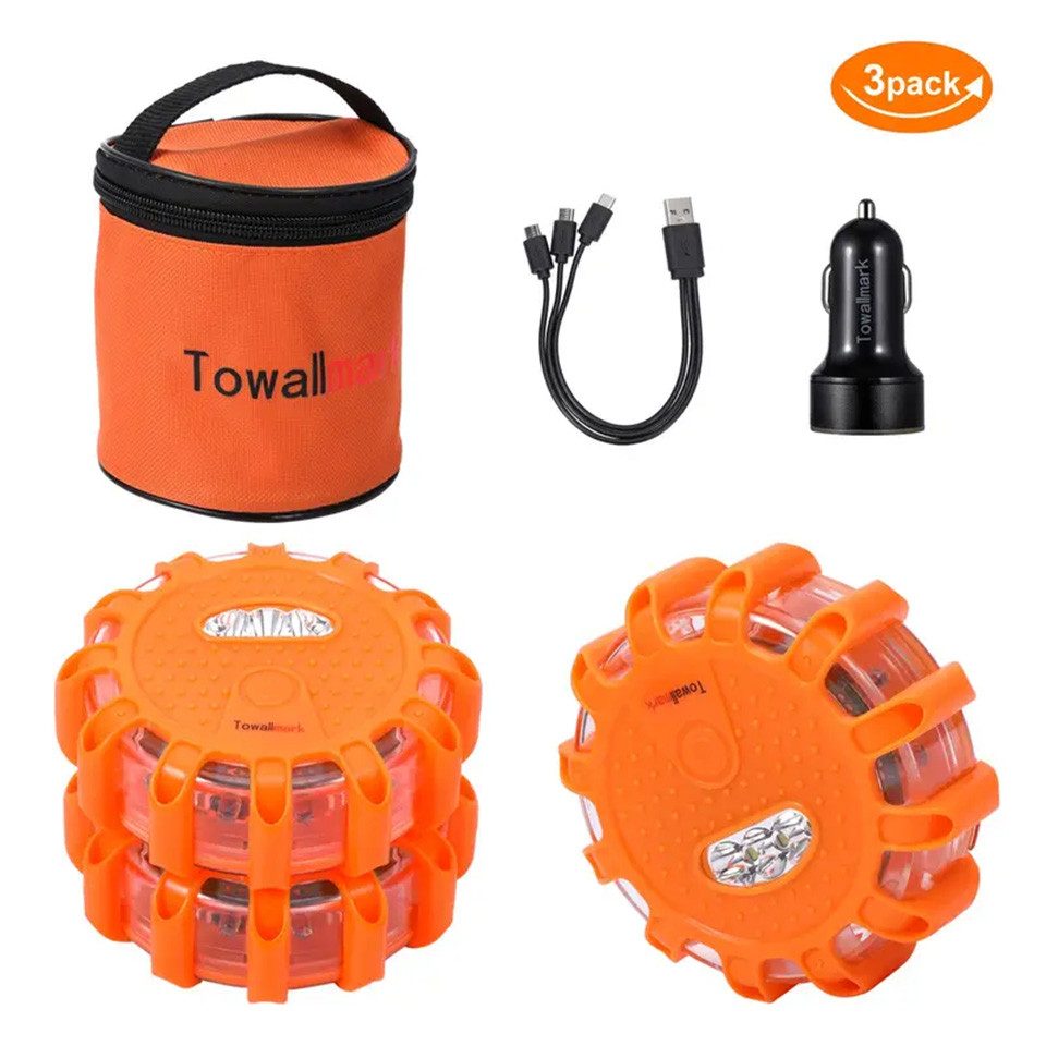 WOWDSGN LED-Warndreieck 3 Stück LED Warnleuchten mit Magnet, Haken & 9 Blinkmodi (3-St), IPX5, CE-geprüft, 100 Std. Akku, für Boote LKW Camping Wandern