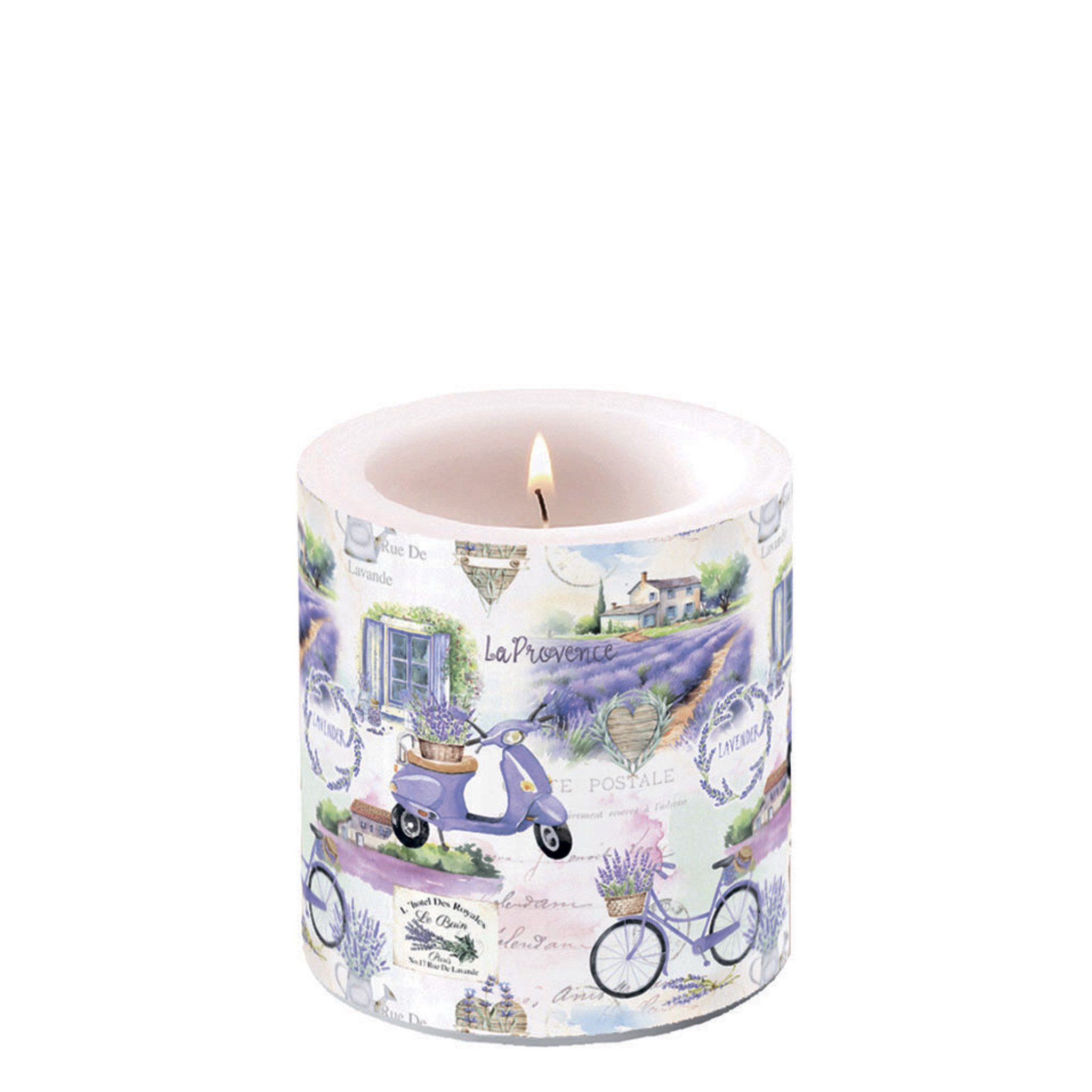 Ambiente Luxury Paper Products Stumpenkerze, Stumpenkerze Paraffin 7,5x9cm mit Provence Lavendel Motiv Weiß / Lila