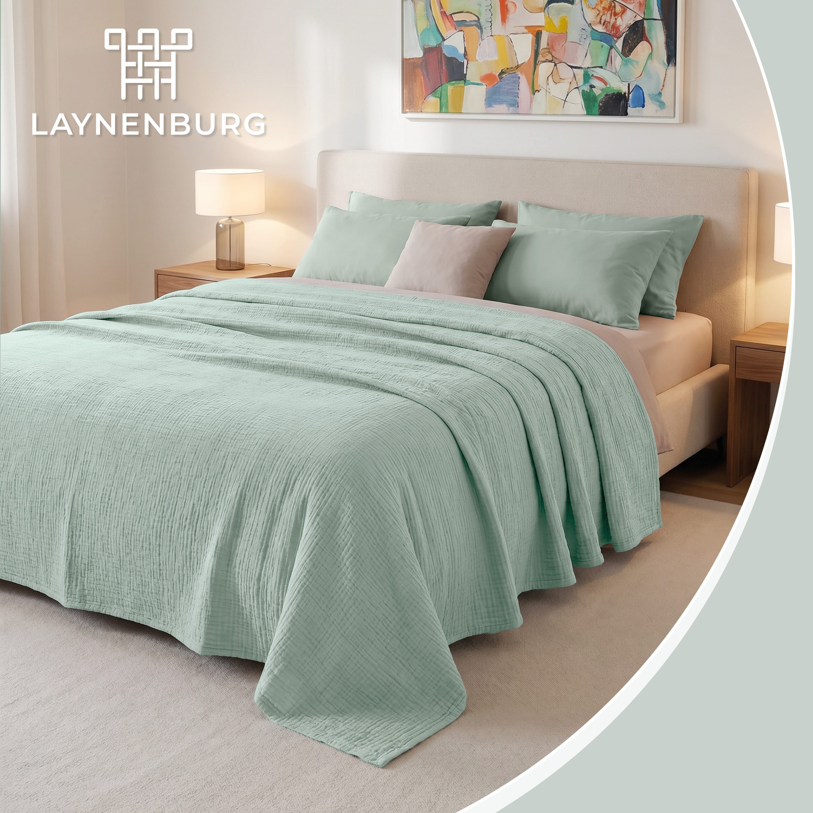 Laynenburg Tagesdecke Musselin aus 100% Baumwolle – Baumwolldecke, Kuscheldecke, Wohndecke als Sommerdecke, Bett-Überwurf, Couch-Überwurf, Sofa-Decke – Bild 2 von 5