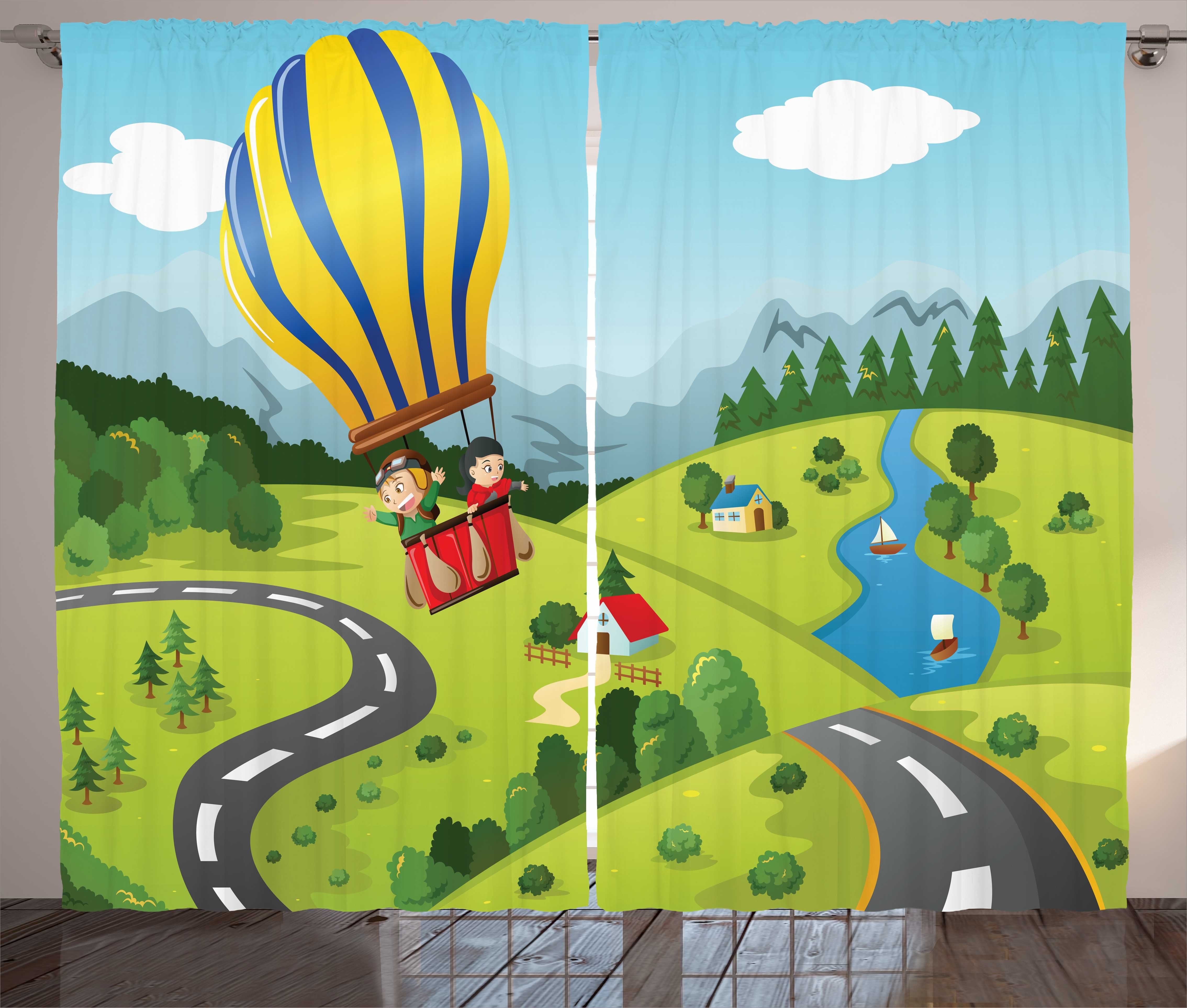 Schlaufen Heißluftballon Kräuselband und Abakuhaus, Haken, Himmel Cartoon-Stil mit Vorhang Schlafzimmer Gardine