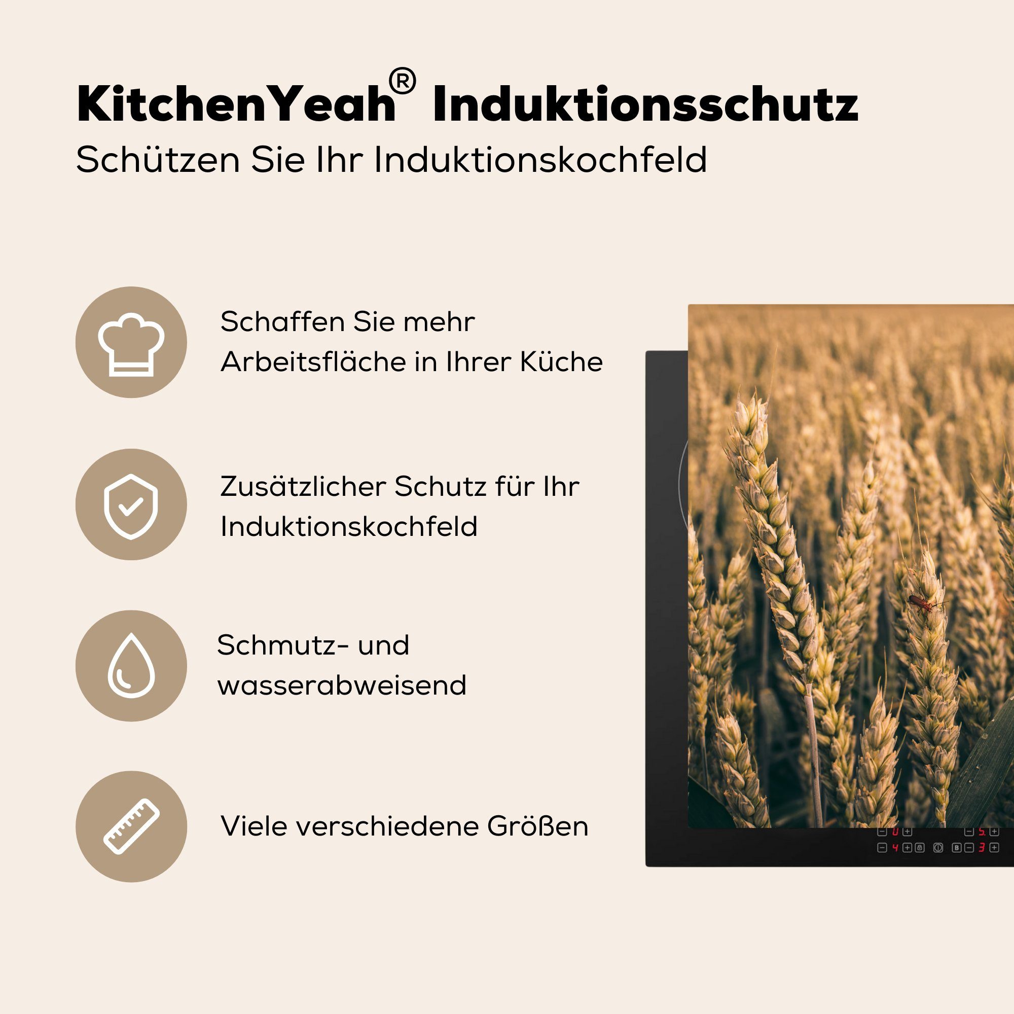 78x78 küche cm, Ceranfeldabdeckung, für Herdblende-/Abdeckplatte Landwirtschaft Vinyl, Arbeitsplatte (1 - tlg), - Natur, Weizen MuchoWow