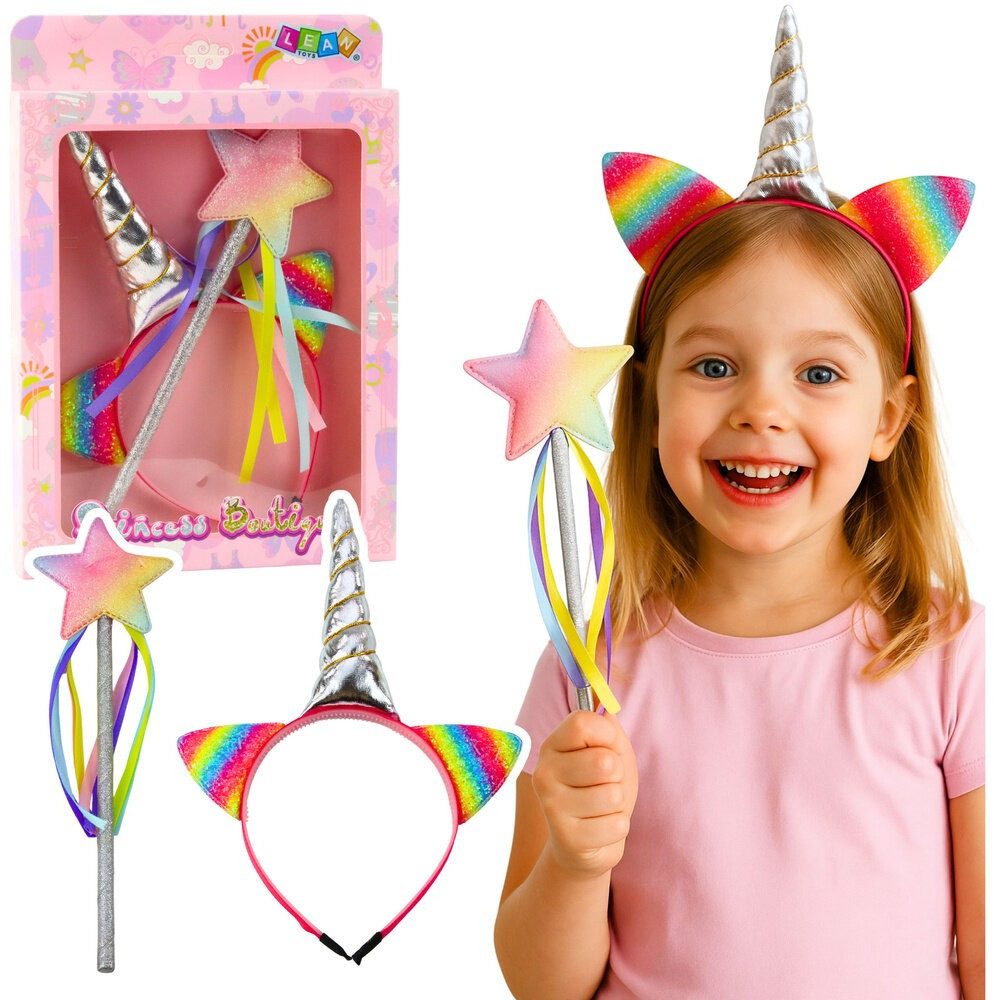 LEAN TOYS Business-Kostüm LeanToys Einhorn-Horn-Ohren-Zauberstab-Haarband-Set