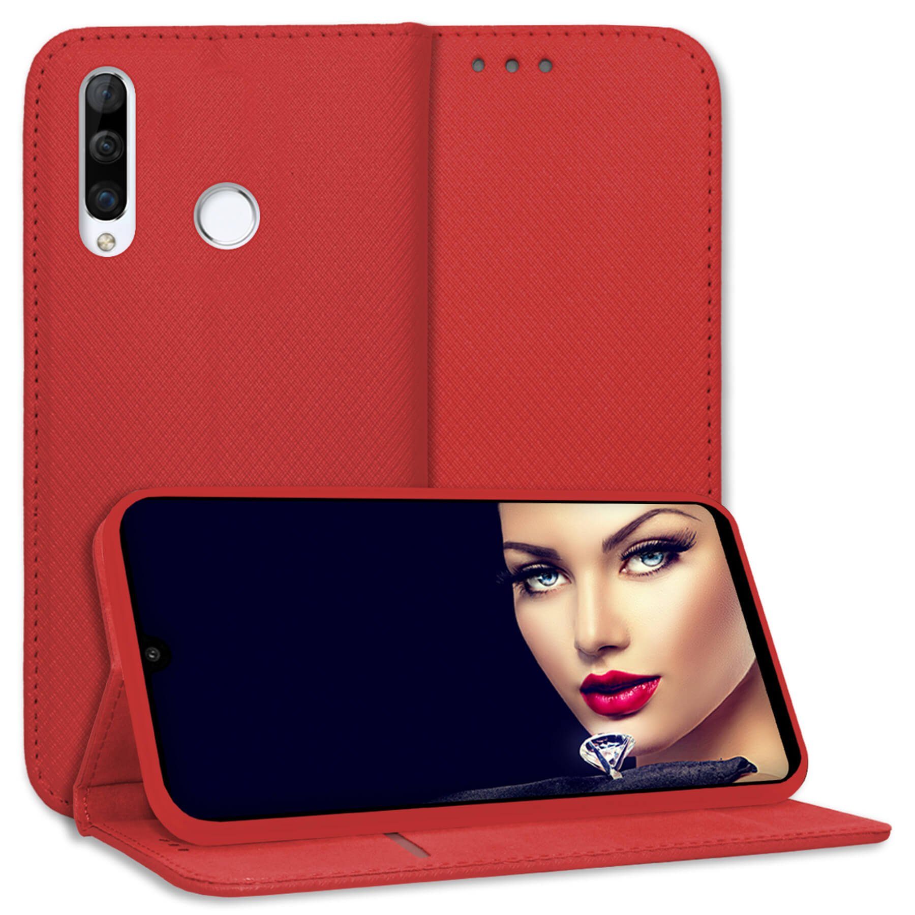 mtb more energy Smartphone-Hülle Smart Magnet für Huawei P30 Lite, Rot, Bookstyle Klapphülle Cover Wallet Case aus Kunstleder