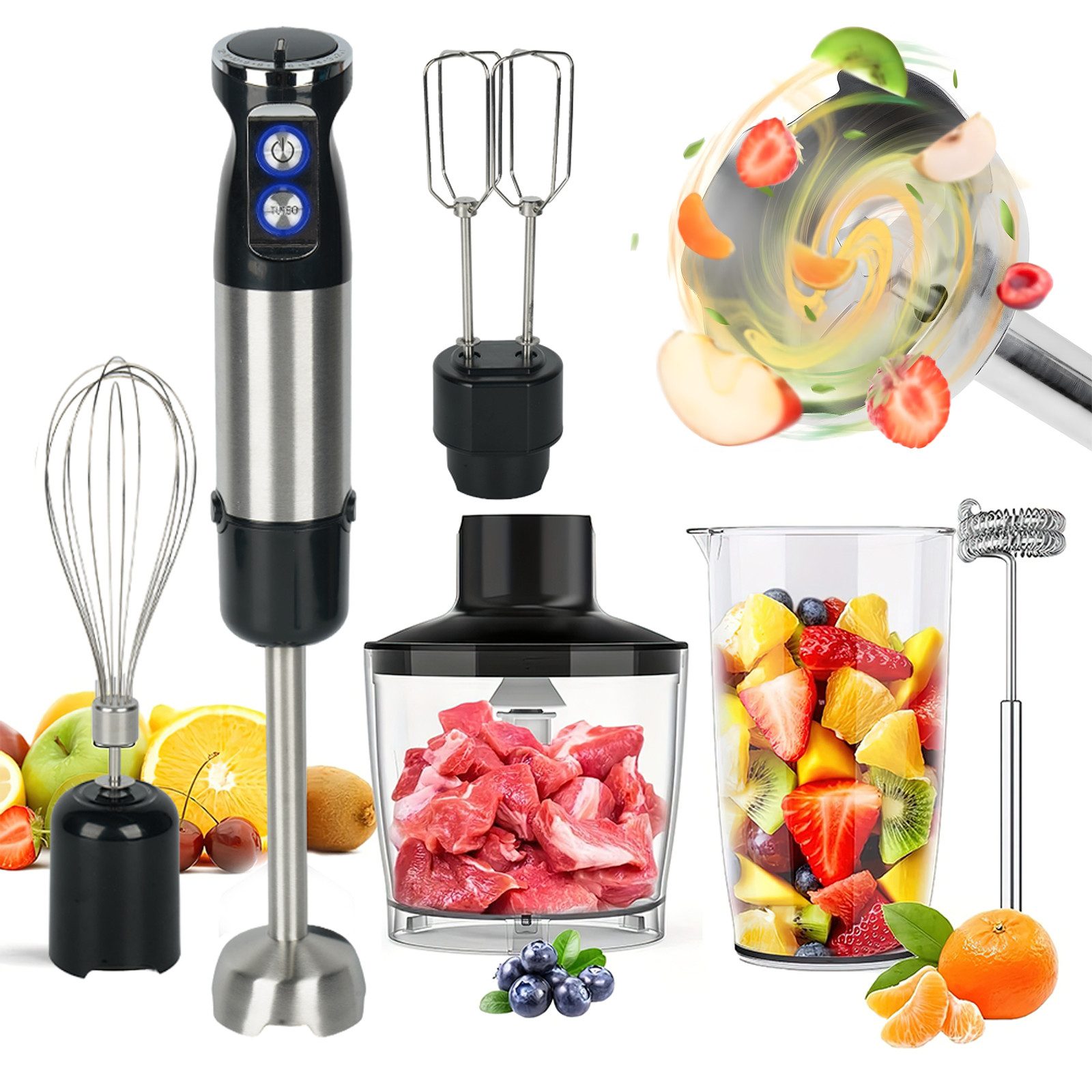 AKKEE Stabmixer Elektrischer Stabmixer Set 6 in 1 Pürierstab Edelstahl Handmixer, 800 W, Spritzwasserschutzfunktion