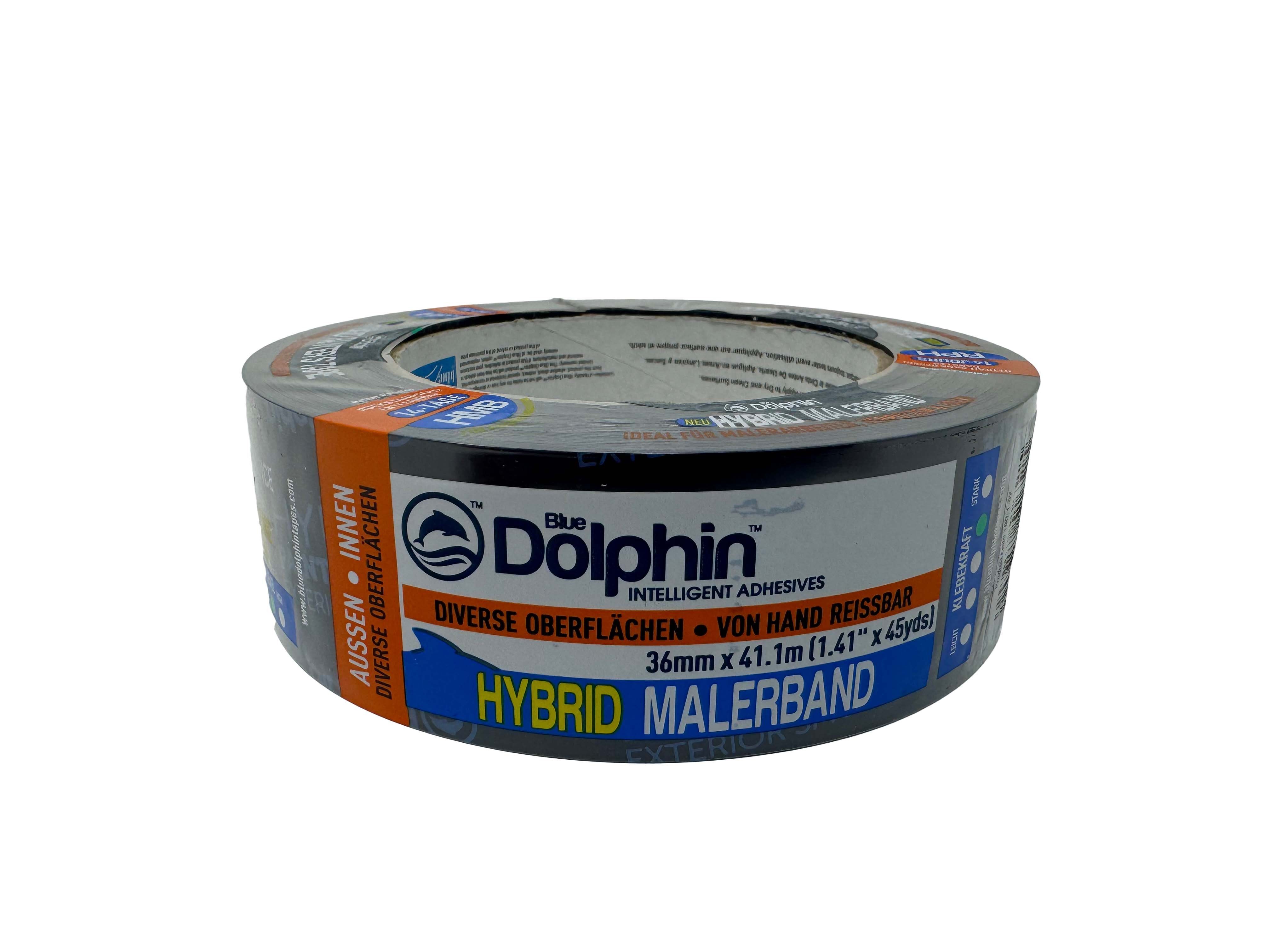 BlueDolphin Kreppband Hybrid Malerband Abklebeband Klebeband 36 mm x 41 m (1er, 1-St., 1 Putzband) UV-beständig, Rückstandsfrei entfernbar