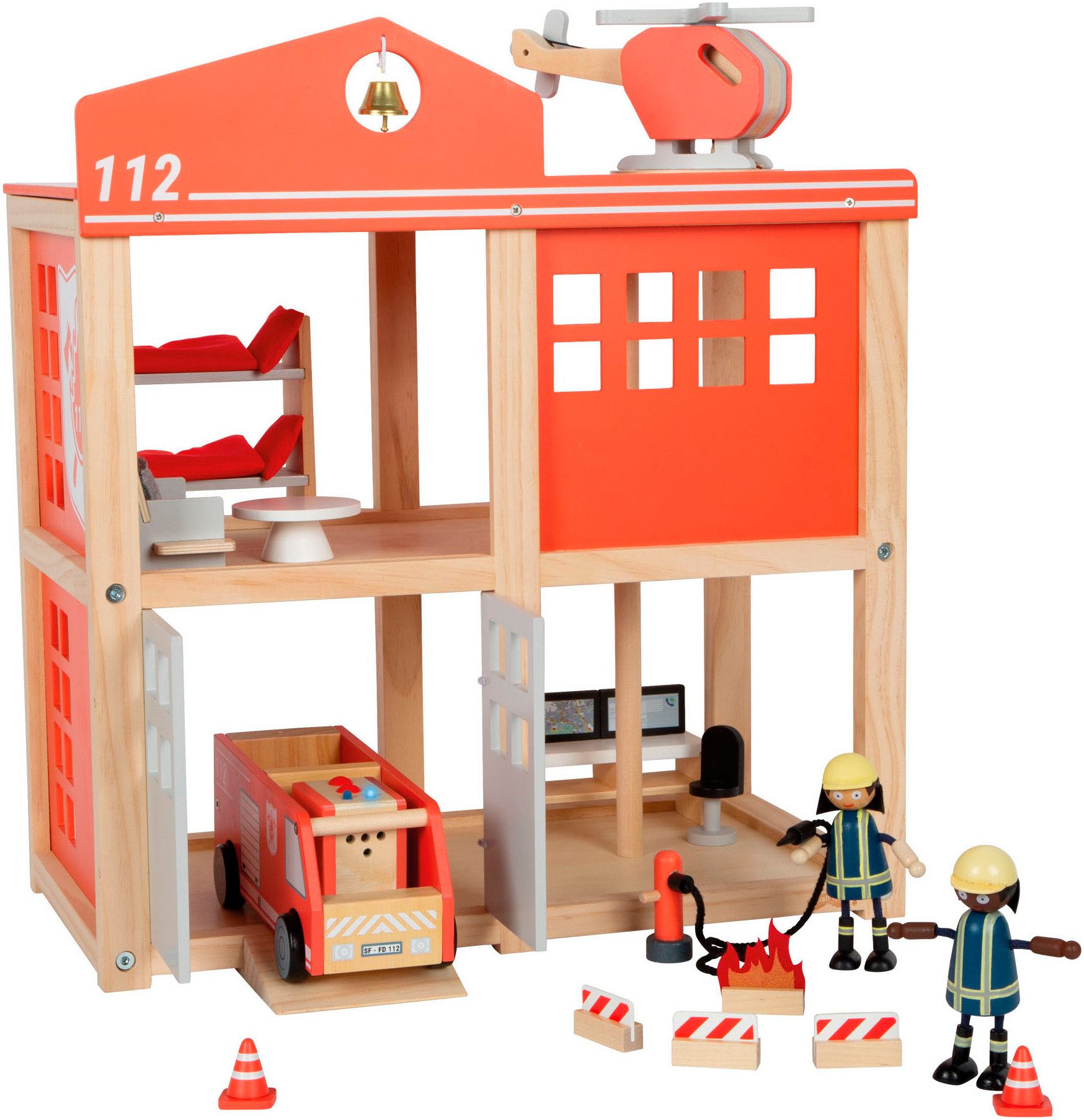 Small Foot Spielwelt Große Feuerwache mit Zubehör, batteriebetriebenes Sound- & Lichtmodul für realistische Einsätze