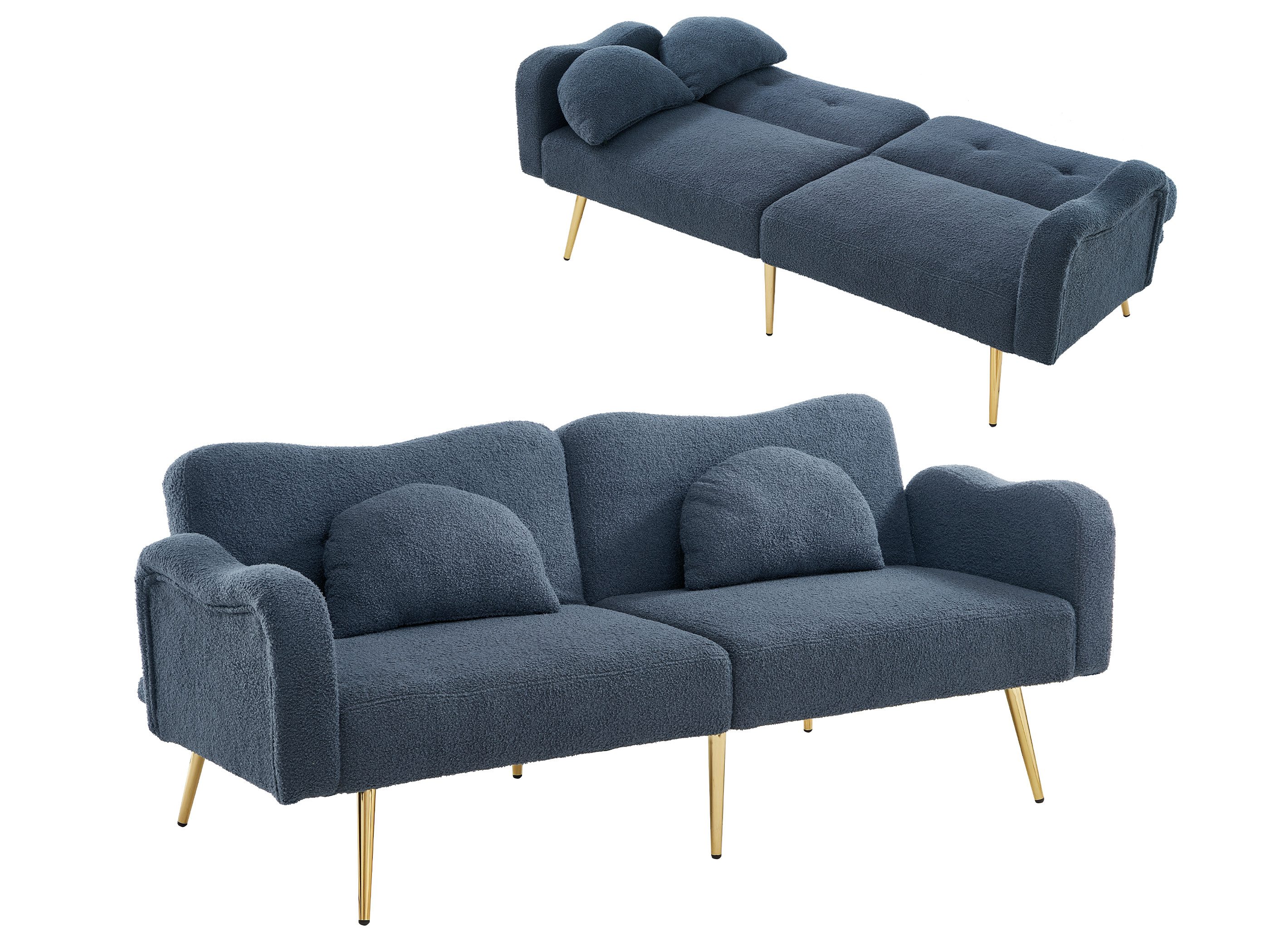 SeedWave Schlafsofa 2-Sitzer Gästebett mit Wollestoff, Rückenlehne in 3-Stufen Verstellbar, Drei Liegepositionen - 105°,135°, 180°, 2 Zierkissens