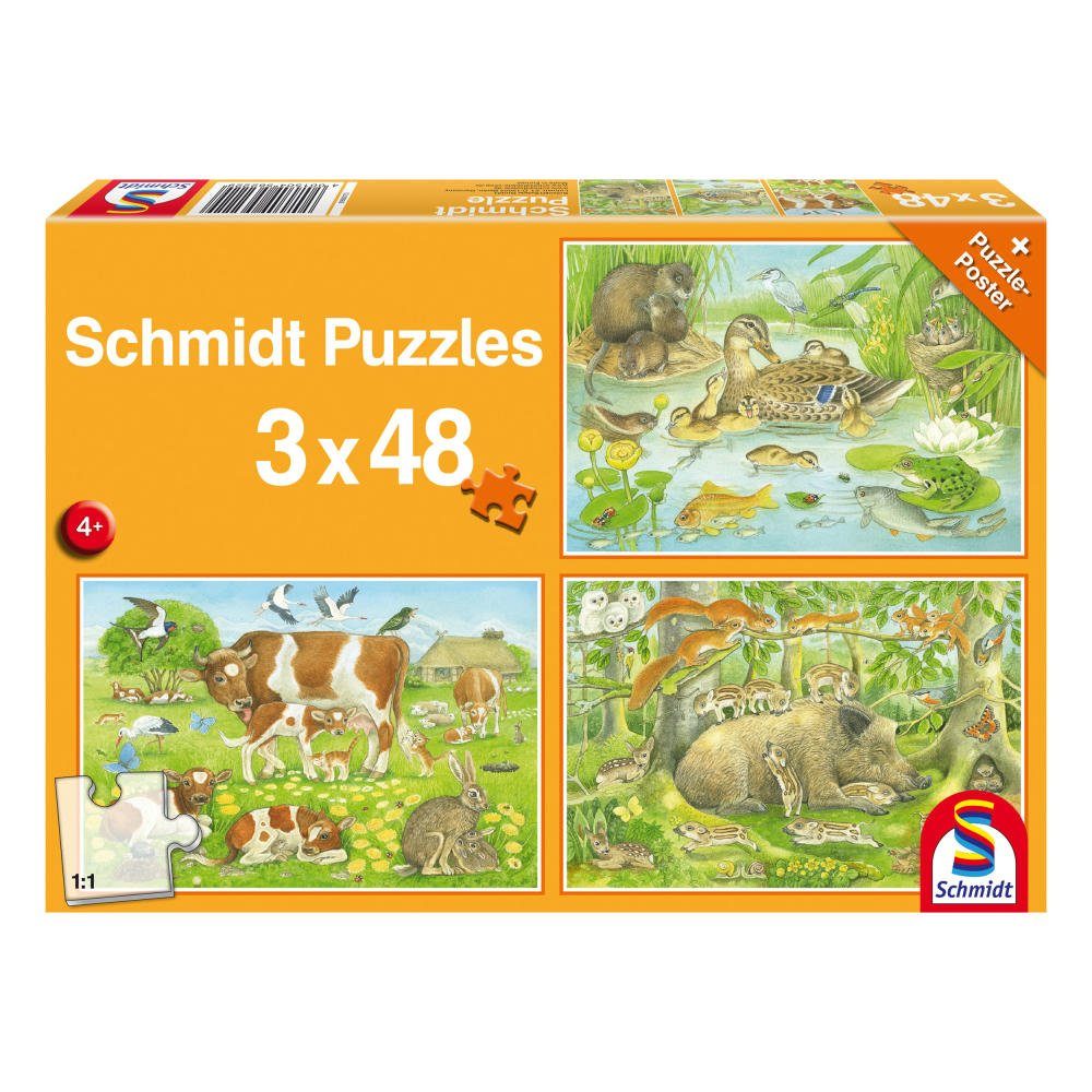 Schmidt Spiele Puzzle Tierfamilien 3 x 48 Teile, 144 Puzzleteile