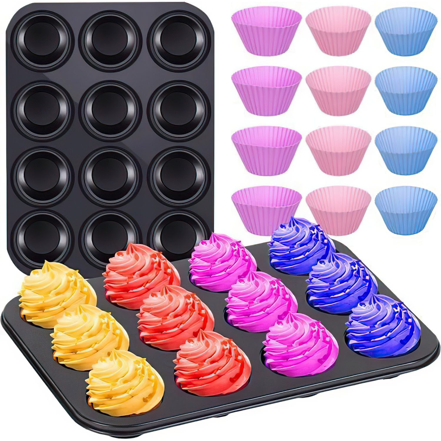 HEYHIPPO Muffinform Cupcake-Backform, antihaftbeschichtet, runde Kuchenform für 12 Tassen, (Set), Muffinform, 2er-Pack mit 24 Silikonförmchen, 25,4x 38,1cm,Karbonstahl