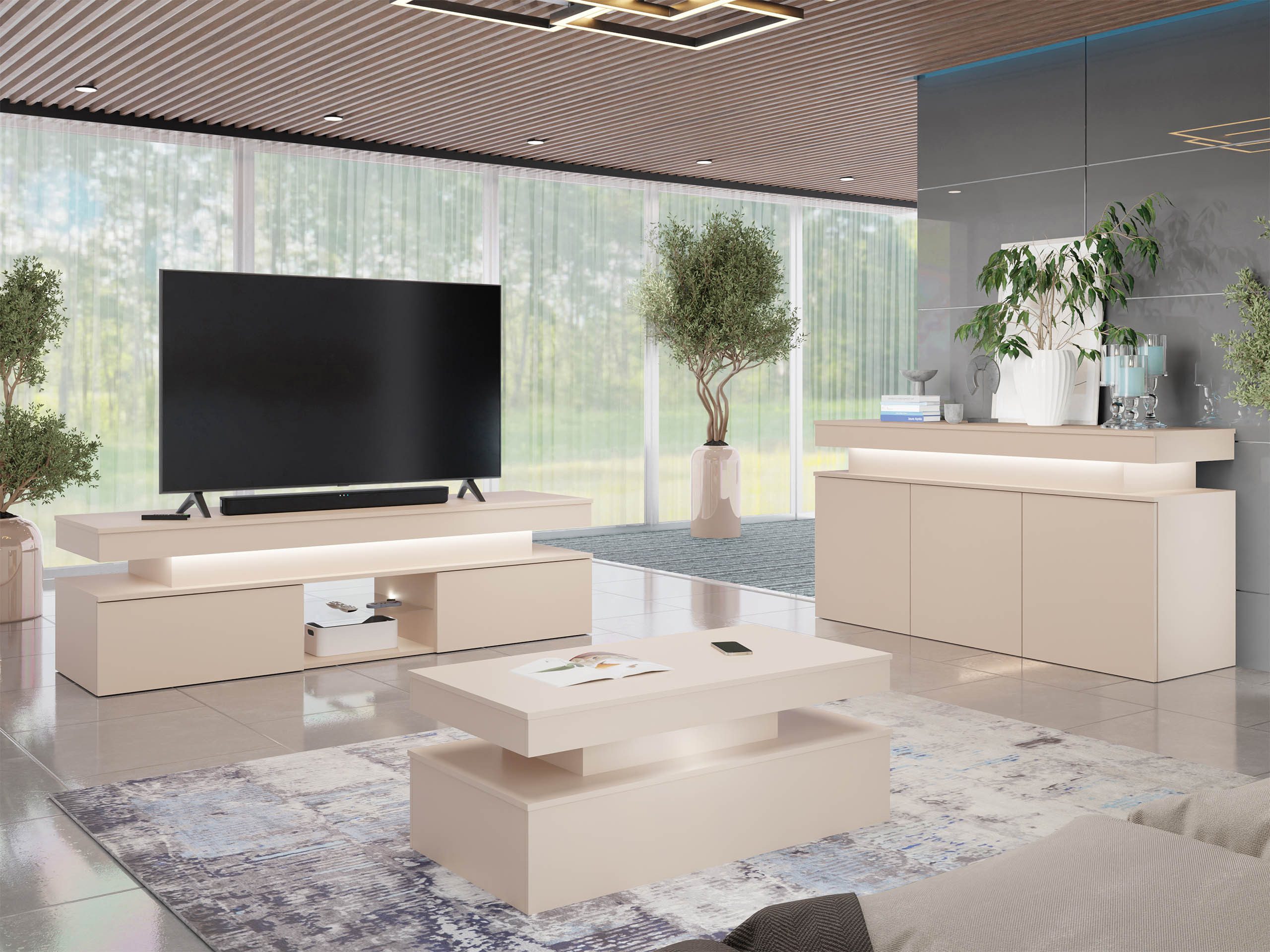 MIRJAN24 Wohnzimmer-Set Glossa Bis I, (3er-Set, Kommode, TV-Lowboard mit Kamin, Couchtisch), Weißer LED-Beleuchtung