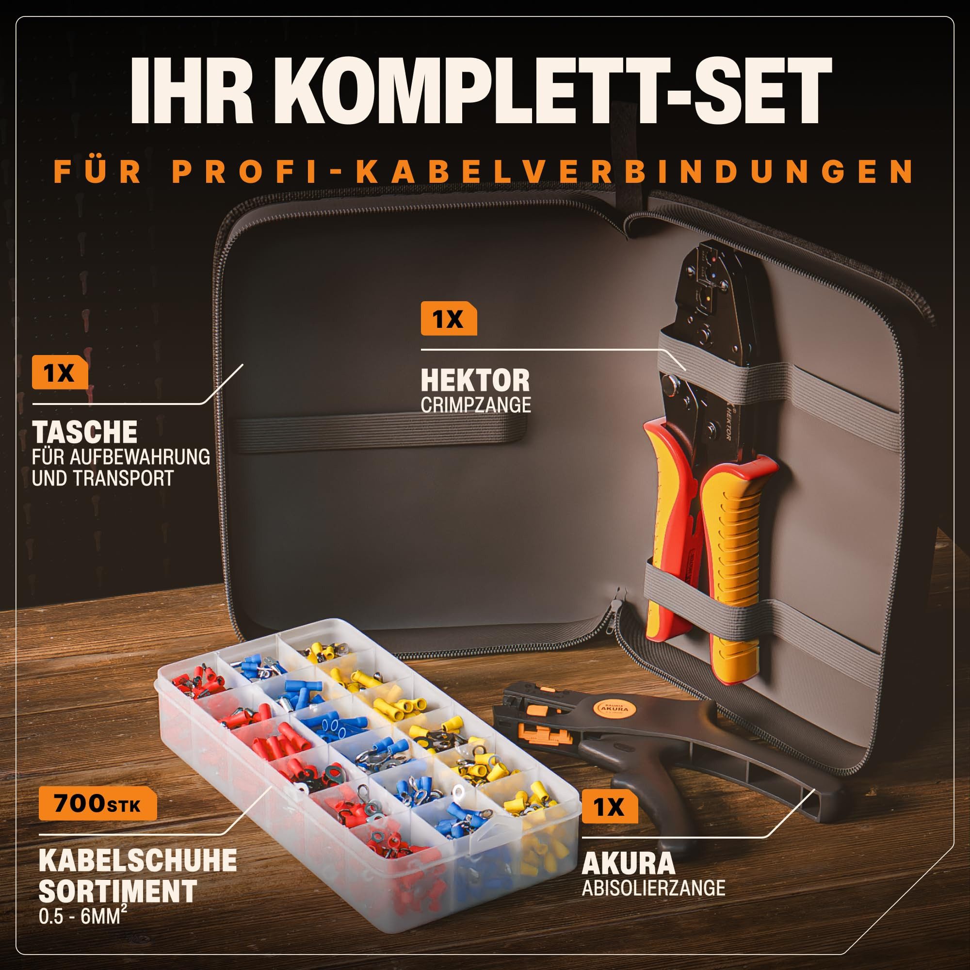 Thumbnail - BAURIX Crimpzange Set mit 700 Kabelschuhe und Abisolierzange, Kabelschuhzange für 0,50-6,00 mm² Kabelhülsen 700-tlg., Ka...