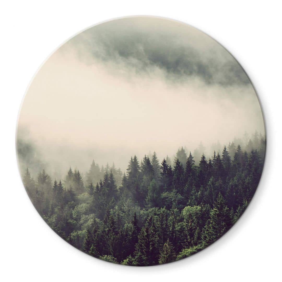 Glas Glasbild Wandschutz Bilder Deko Wandbild Rund Wald Nebel Gemälde Landschaft Fotografie, K&L Wall Art im