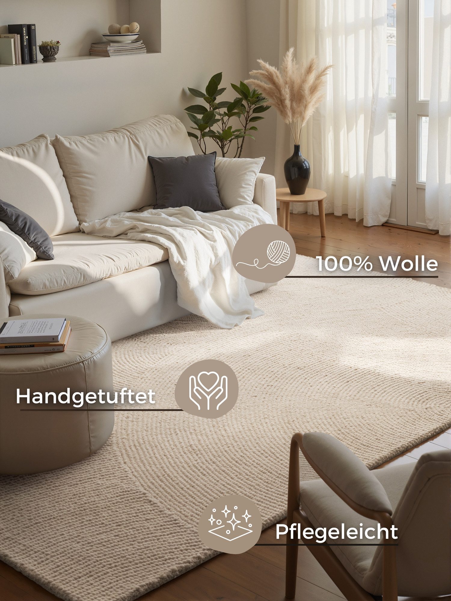 HANSE Home Wollteppich Calmio, auch als Läufer und in rund, rechteckig, Höhe: 18 mm, Handgetuftet, Wolle, Natur, Wohnzimmer, Schlafzimmer, Skandi, Hygge