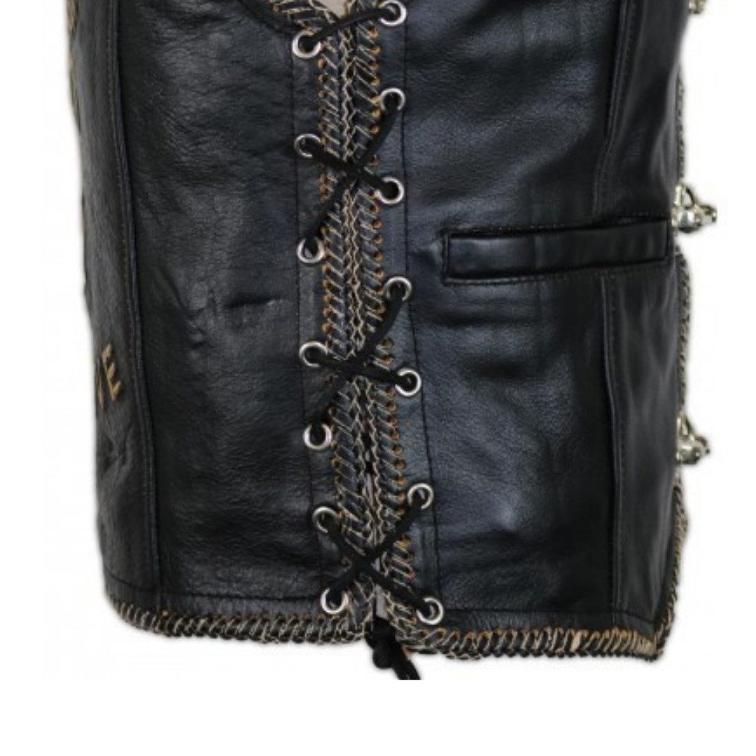 MDM Motorradweste Damen Lederkutte Schwarz mit Adler Prägung Bikerweste (Damen Slim Fit Biker Leder Kutte mit Motiv)