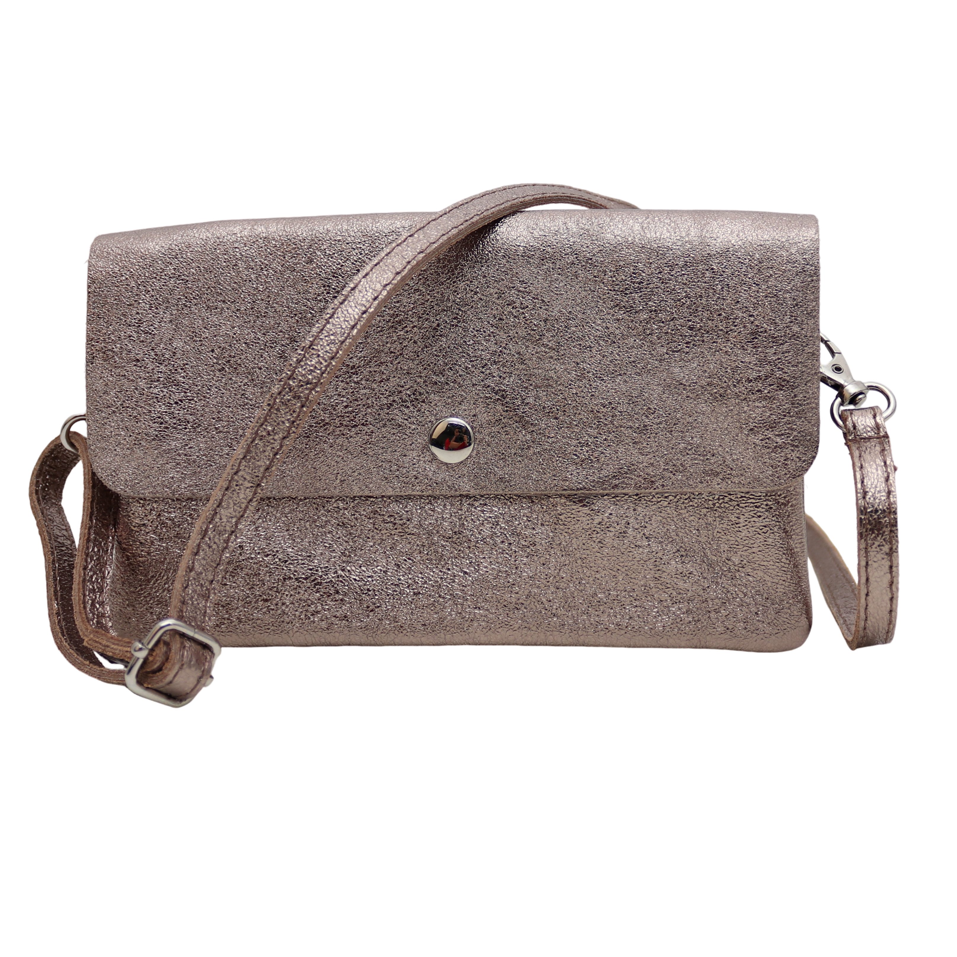MIRROSI Clutch Damen, Crossbody Bag, Echtleder made in Italy ca.20x12x2cm (Leopard Leo Muster und Unifarbe), Umhängetasche, Schultertasche für jeden Anlass
