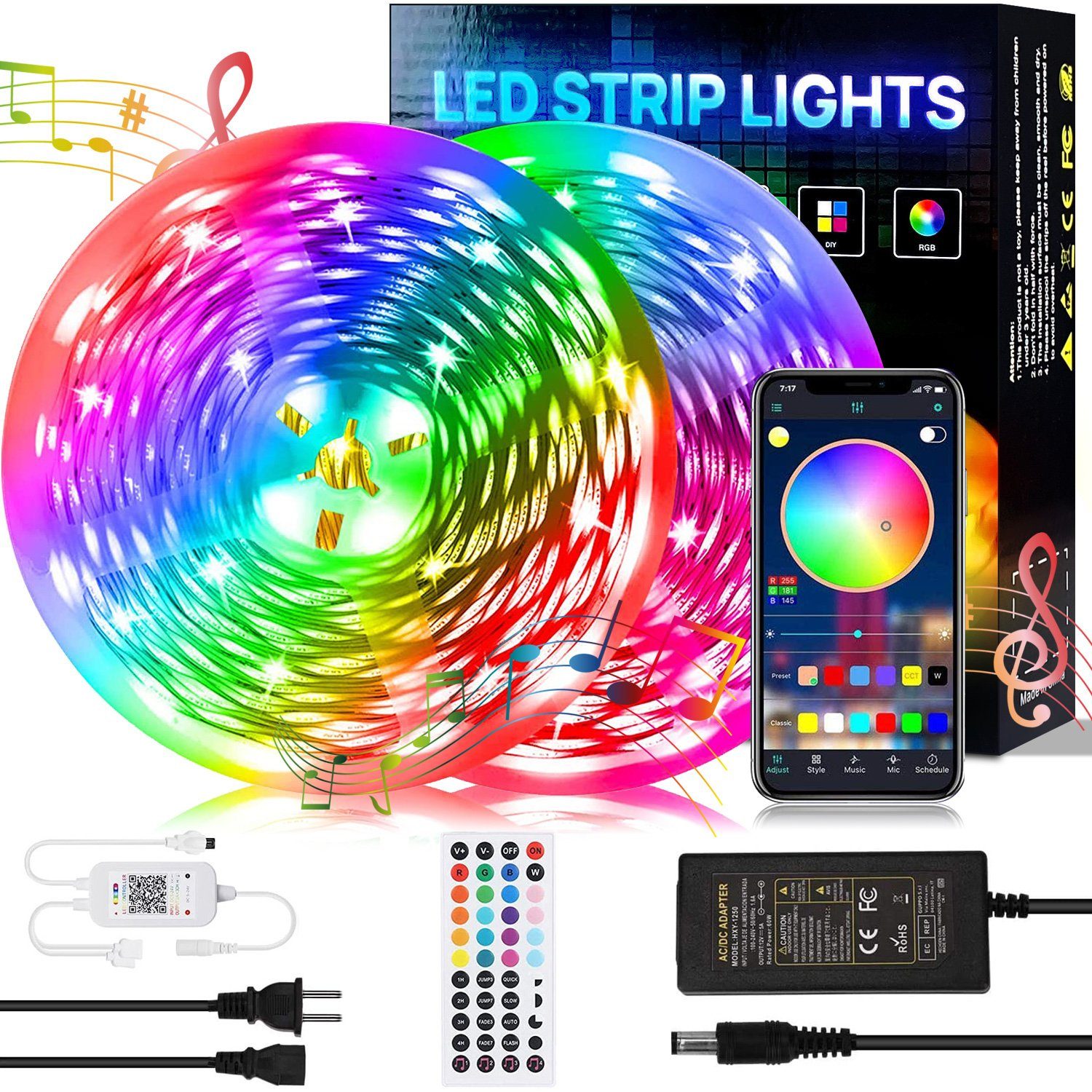 Oneid LED-Streifen »LED Strip Bluetooth Gesamtlänge 20M, RGB LED Streifen  Lichtleiste, 18 LEDs pro Meter, RGB 5050 lichtband Selbstklebend LED  Stripes mit 44 Tasten IR-Fernbedienung APP Steuerbar Musikmodus, Für zu  Dekorative und