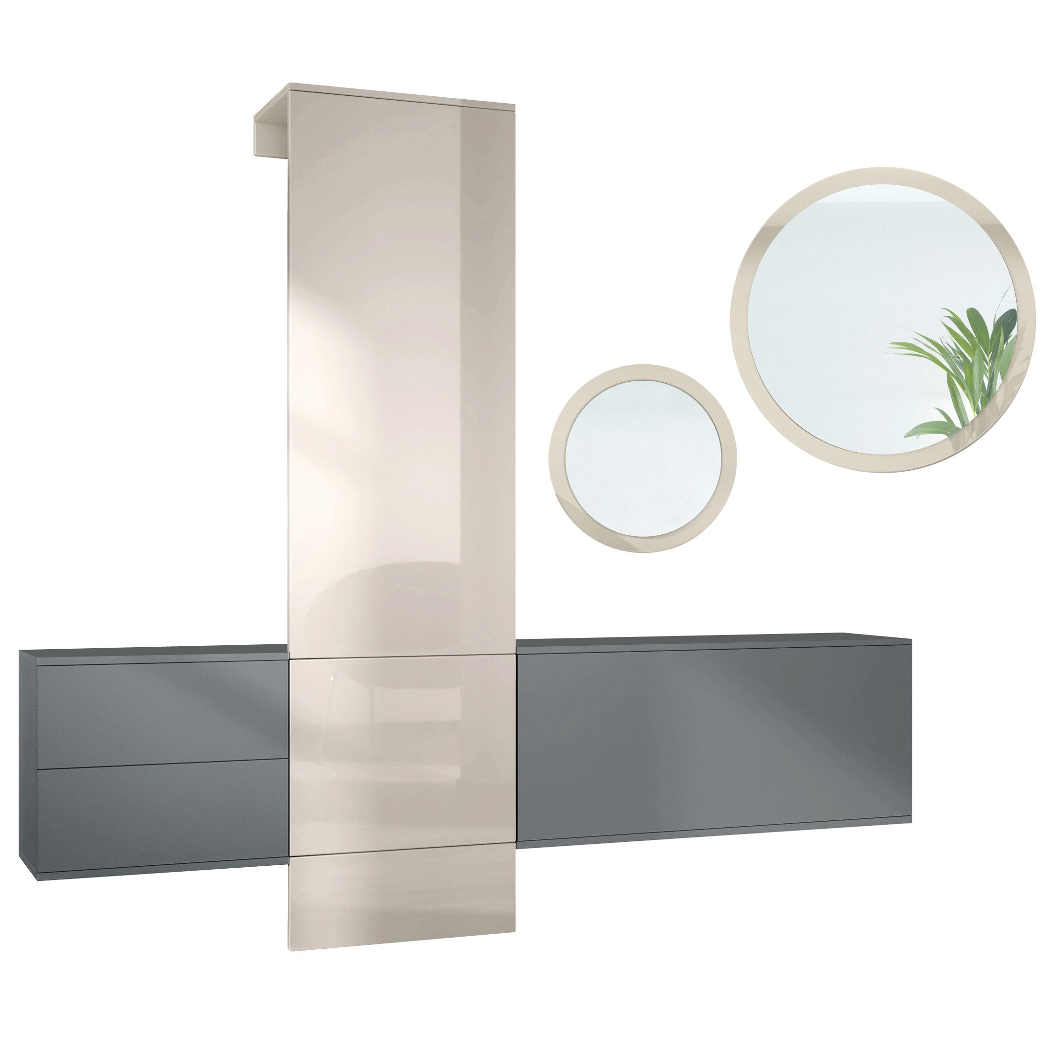 Vladon Шафи-Set DualVista, (Garderoben-Set, bestehend aus 1 Шафиpaneel, 2 Schrank Elementen und 2 Spiegel), Anthrazit matt/Sandgrau Hochglanz