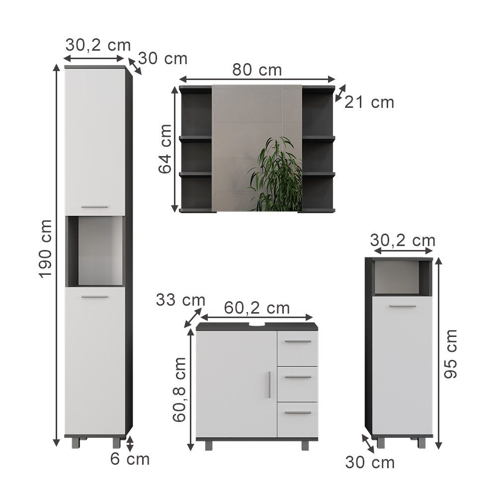 Vicco Badmöbel-Set Ilias, Anthrazit/Weiß, 4 Teile, (4-St., 4er Set)