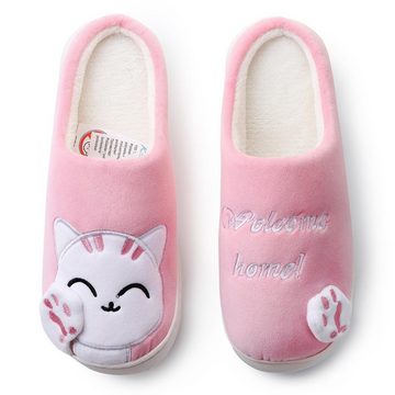 Katara Tier Pantoffeln Gr. 34-41 (Einhorn, Katze, Hase) Plüsch Hausschuhe Hausschuhe, weich, warm, süß, kuschelig, Plüsch Katze (Weiß-Pink)