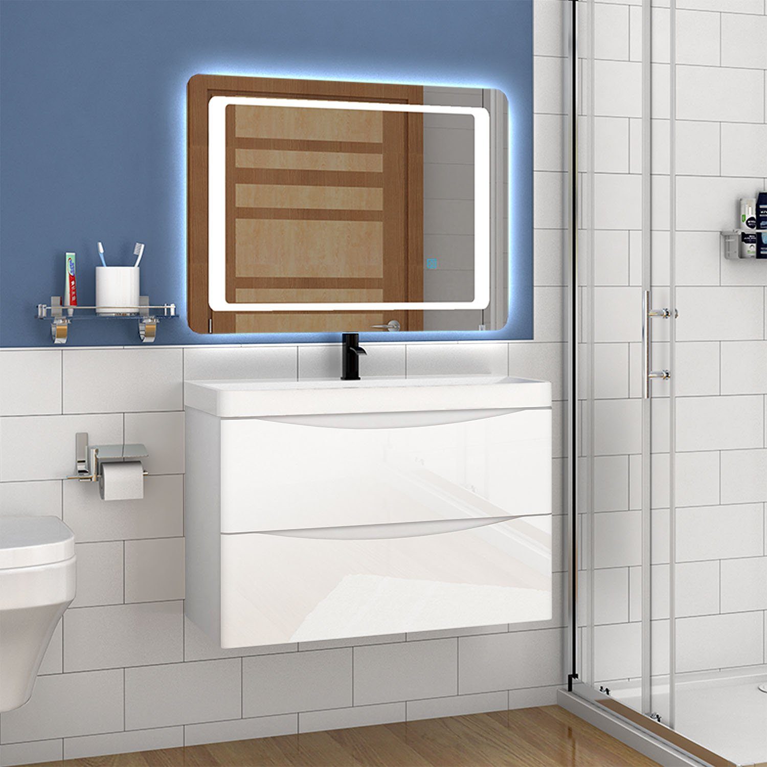 duschspa Waschtisch 50/60/80/100/120 cm Waschbecken mit Unterschrank (Smiley), Hochglanz Weiß/Dunklegrau – Bild 5 von 5
