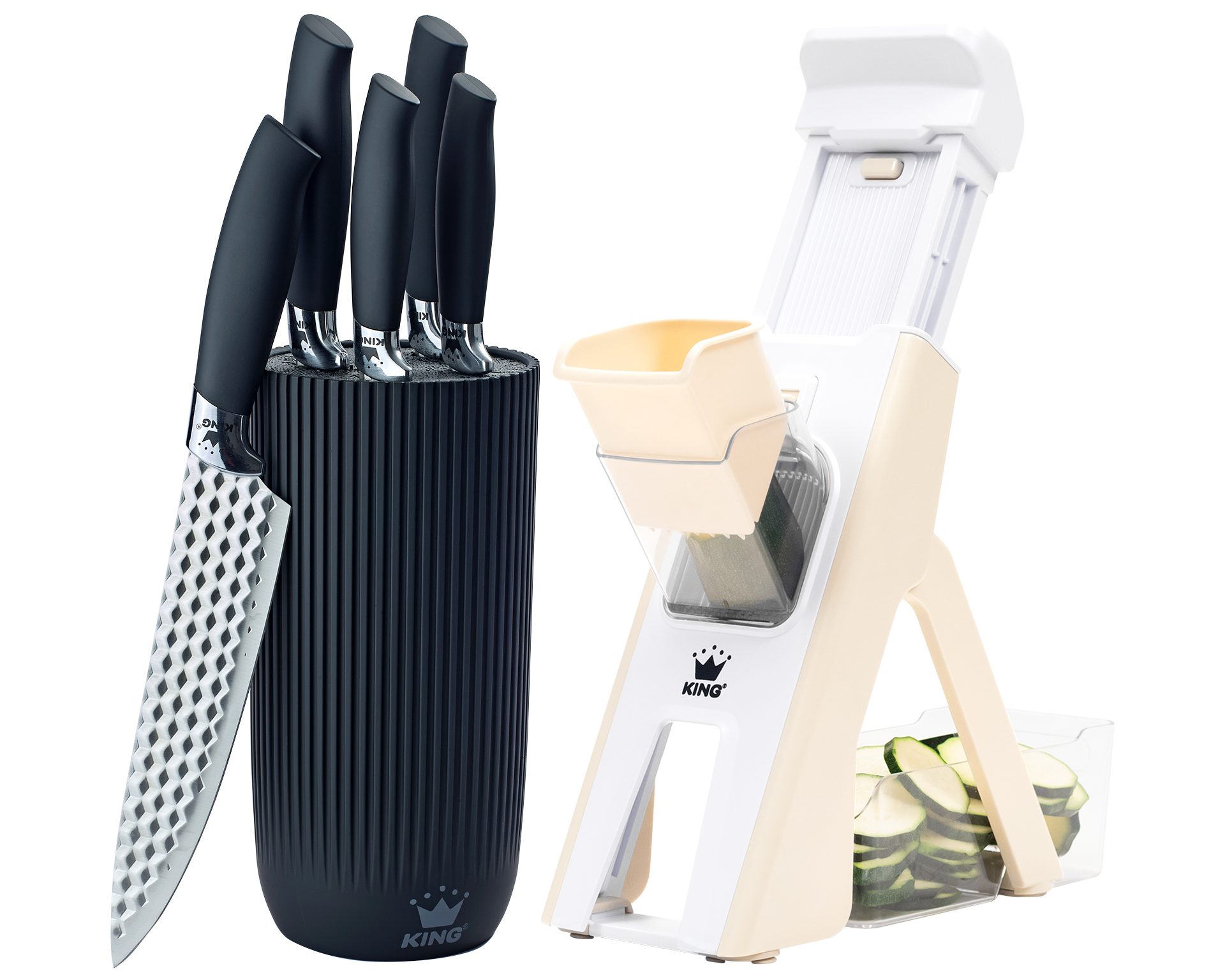KING Küchenreibe Veggie-Turm-Reibe, Kunststoff, (Set, 7-St., 1 Reibe, 5 Küchenmesser, 1 Messerblock), Vertikale-Reibe inkl. Auffangbehälter, unterschiedliche Schnittmodi