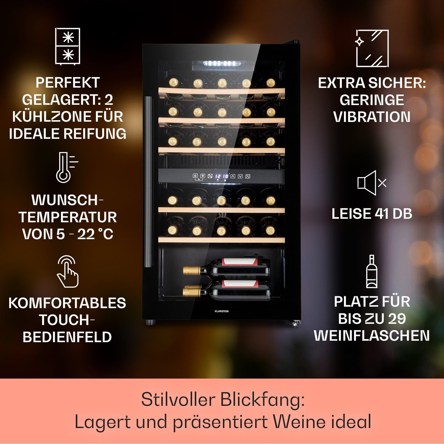 Klarstein Weinkühlschrank Barossa 29 Duo Weinkühl 2 Zonen 29 Flaschen 80L 5-22°C Drucktasten LCD, für 29 Standardflaschen á 0,75l,Flaschenkühlschrank Weintemperierschrank Weinschrank Holz LCD-Anzeige