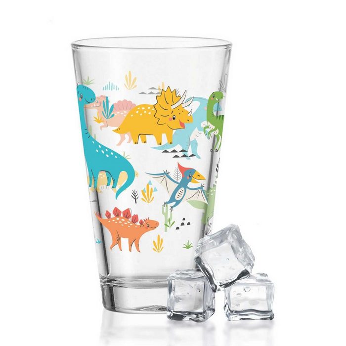 GRAVURZEILE Glas Leonardo Wasserglas mit UV-Druck - im Dinogruppe 360° Design - als Geschenk für Kinder zum Kindergeburtstag Weihnachten - Alltagstauglich - Geeignet als Trinkglas