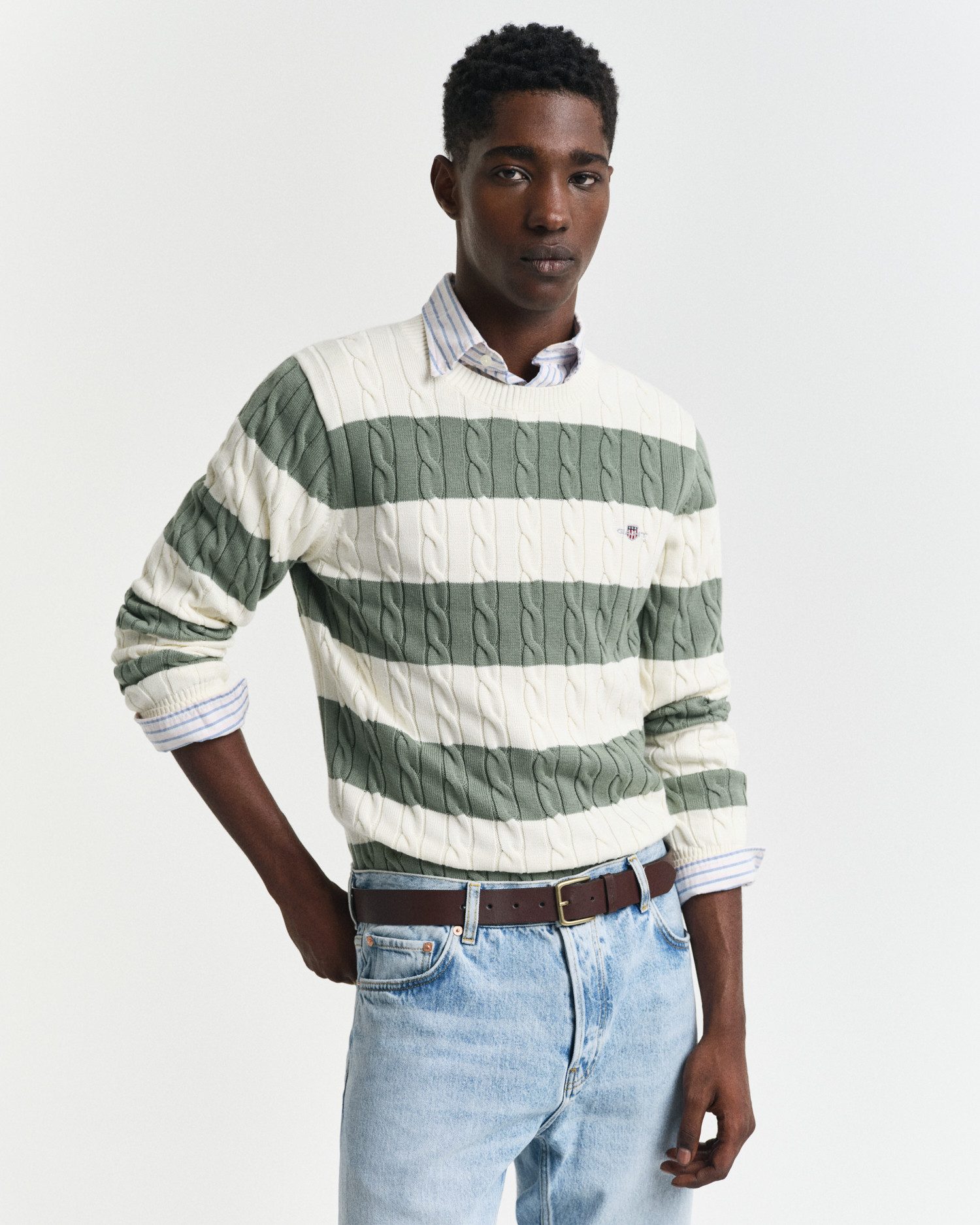 Rundhalspullover STRIPED COTTON CABLE C-NECK