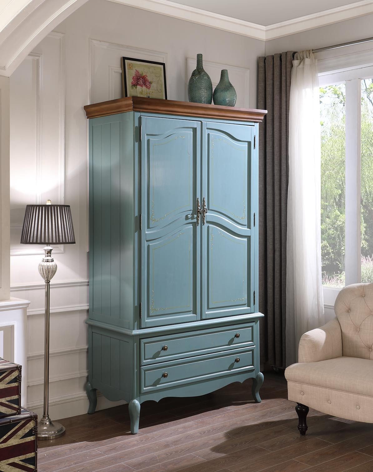 JVmoebel Kleiderschrank Landhausstil Schrank in Blau aus hochwertigem Holz Made in Europa