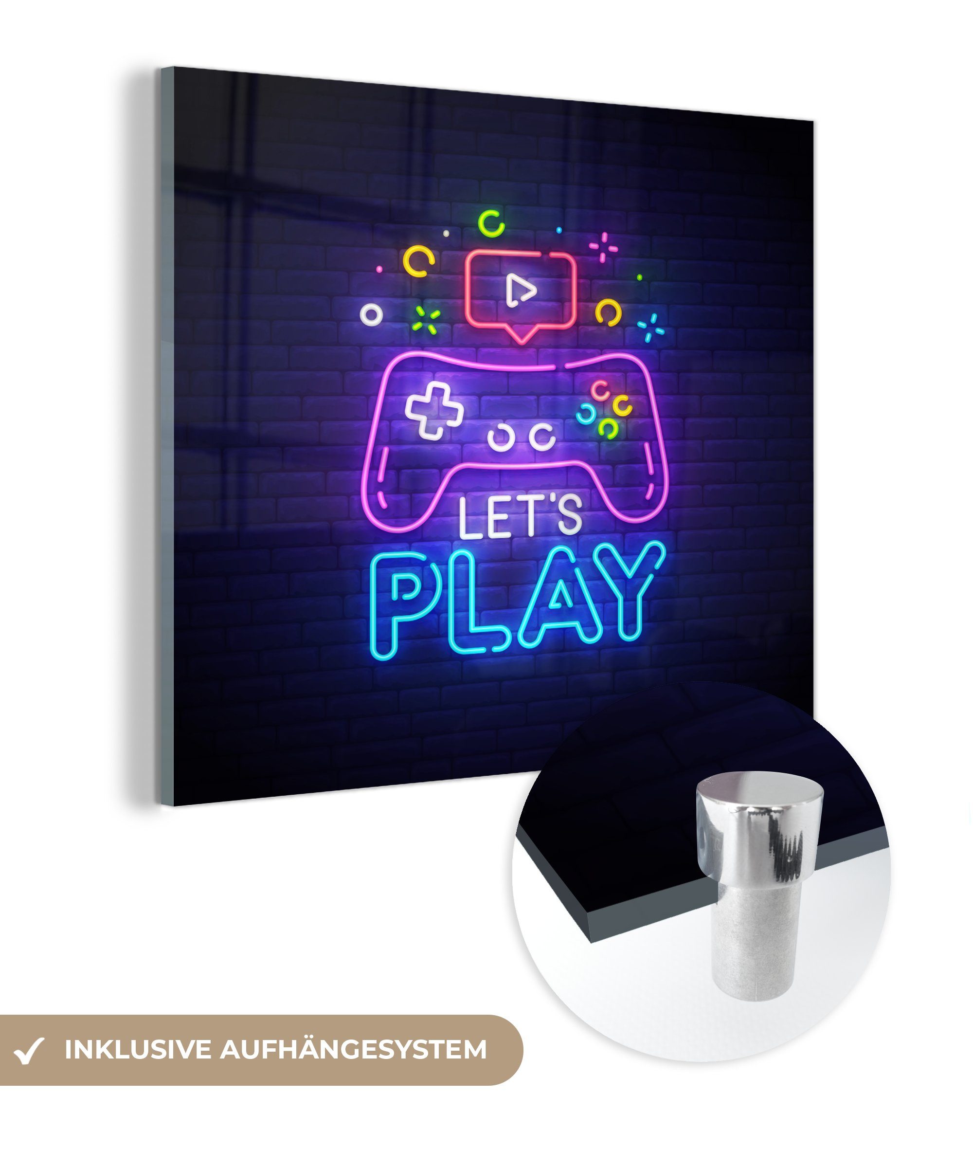MuchoWow Acrylglasbild Spiele - Neon - Let's Play - Controller - Zitate, (1 St), Glasbilder - Bilder auf Glas Wandbild - Foto auf Glas - Wanddekoration bunt