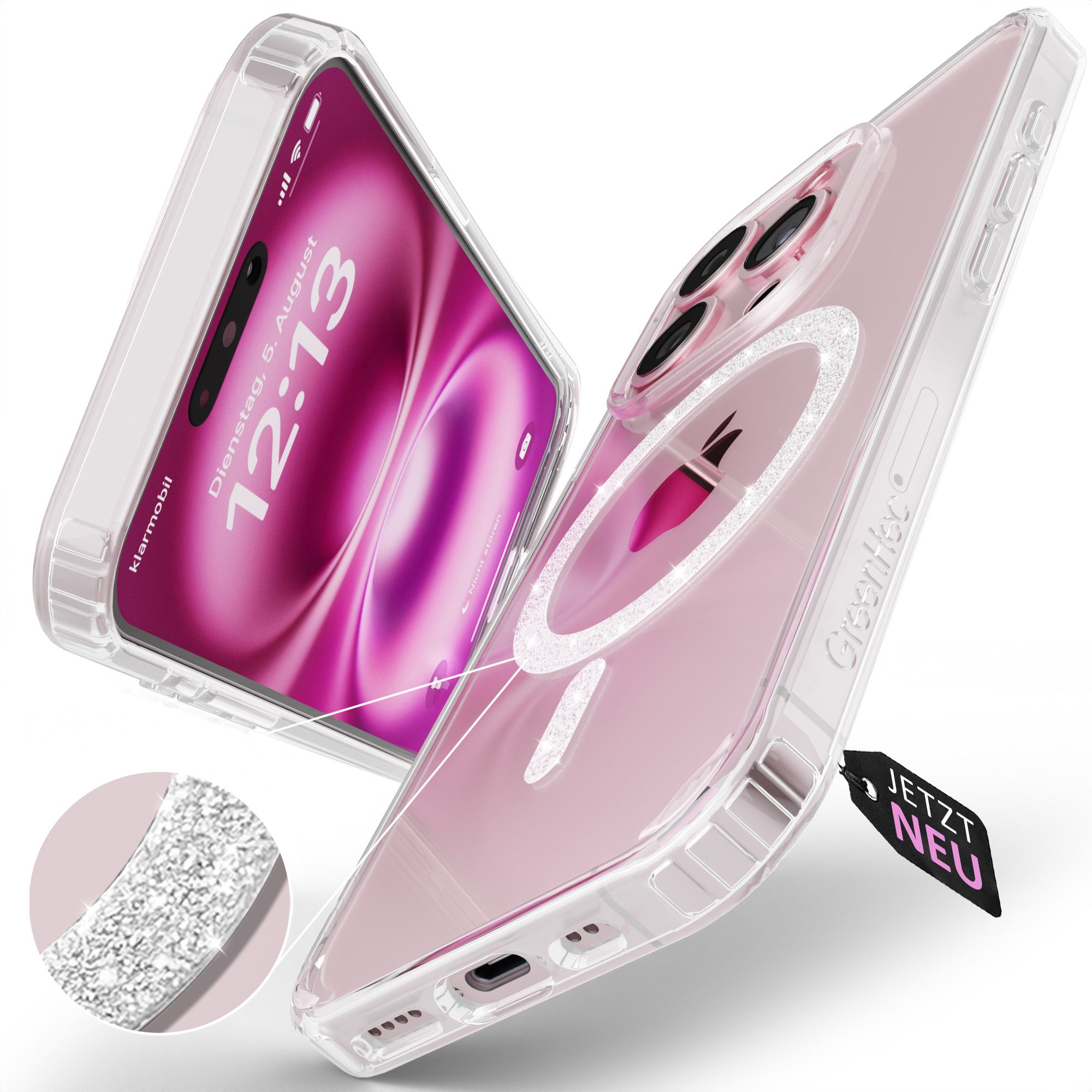 GreenHec Handyhülle Handyhülle iPhone 16 15 14 13 Pro Max Plus Glitzer Case Transparent 7 Zoll, Glänzend Magnetring, Transparent Hülle iPhone, GreenHec Clear Case
