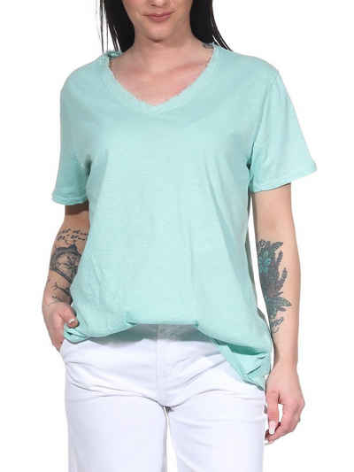 Aurela Damenmode T-Shirt V-Ausschnitt Sommershirt für Damen leichtes & luftiges T-Shirt moderner Fransen-Ausschnitt