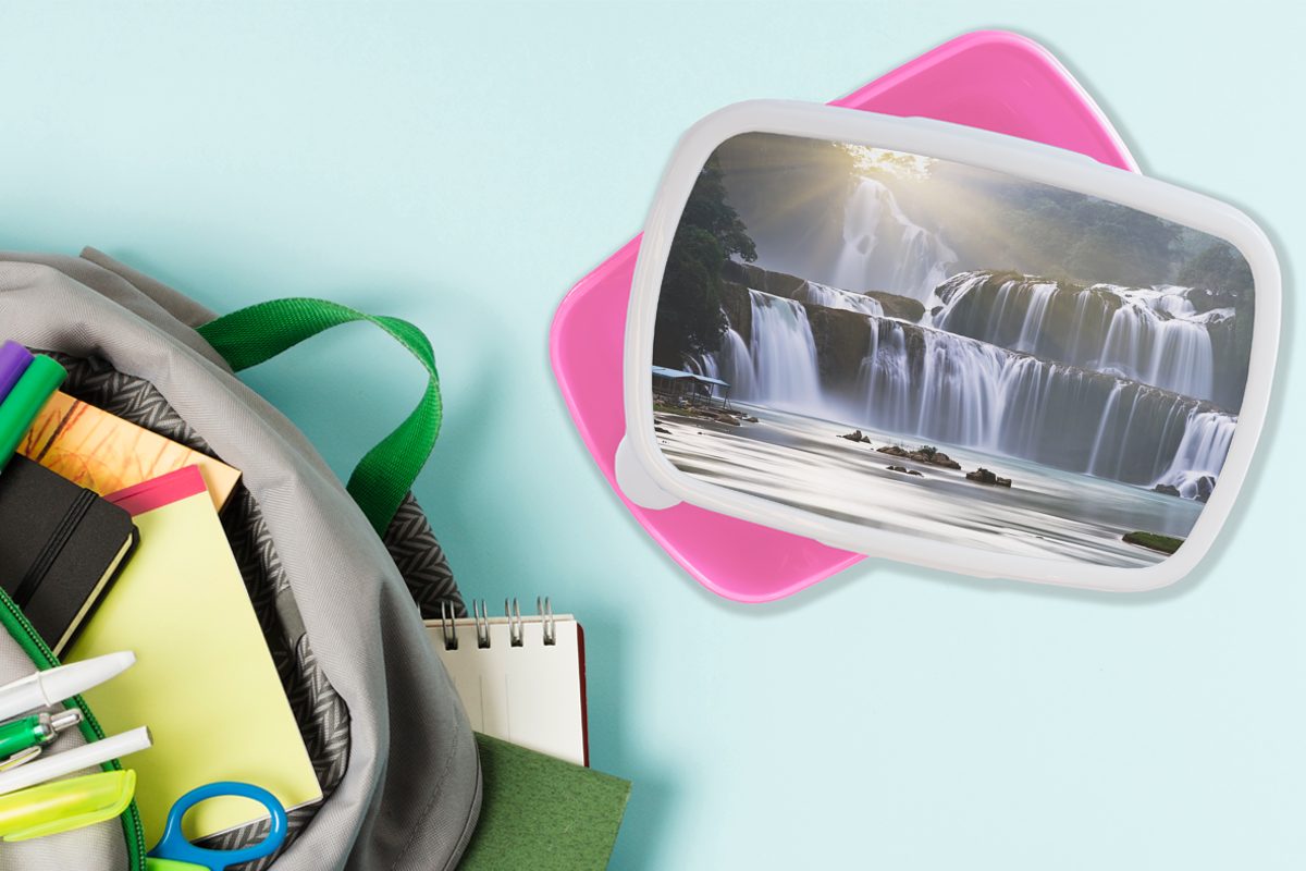 MuchoWow Lunchbox Wasserfall - Natur, Felsen rosa Kunststoff Brotdose Snackbox, Mädchen, für Kunststoff, (2-tlg), Erwachsene, Kinder, - Brotbox