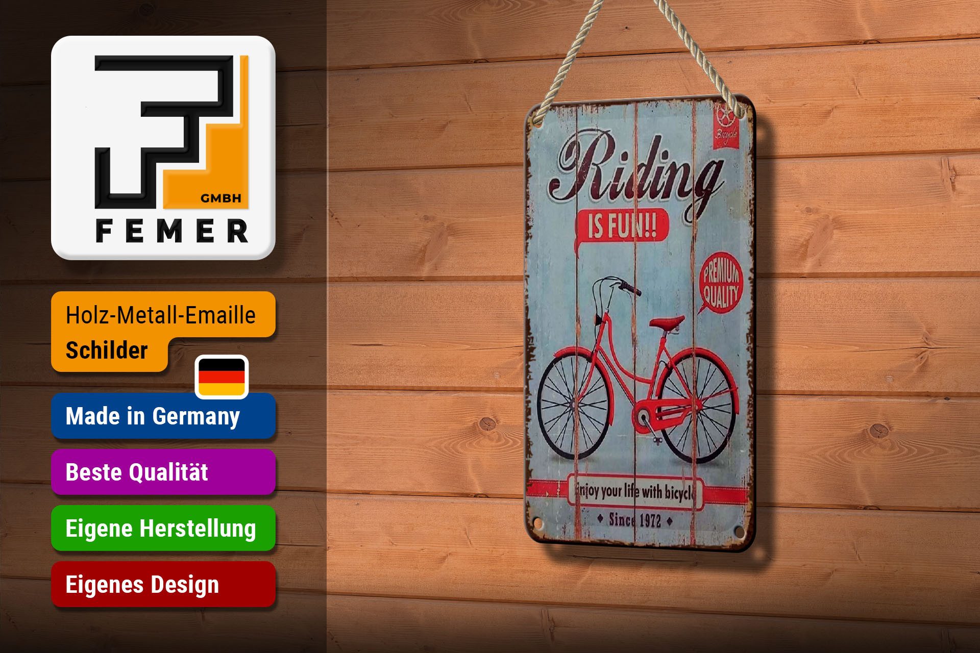 Femer GmbH Metallschild Fahrrad 12x18 cm riding is fun Enjoy your life with bicycle, (1 St), gewölbte Oberfläche, abgerundete Ecken, umgeschlagene Kanten