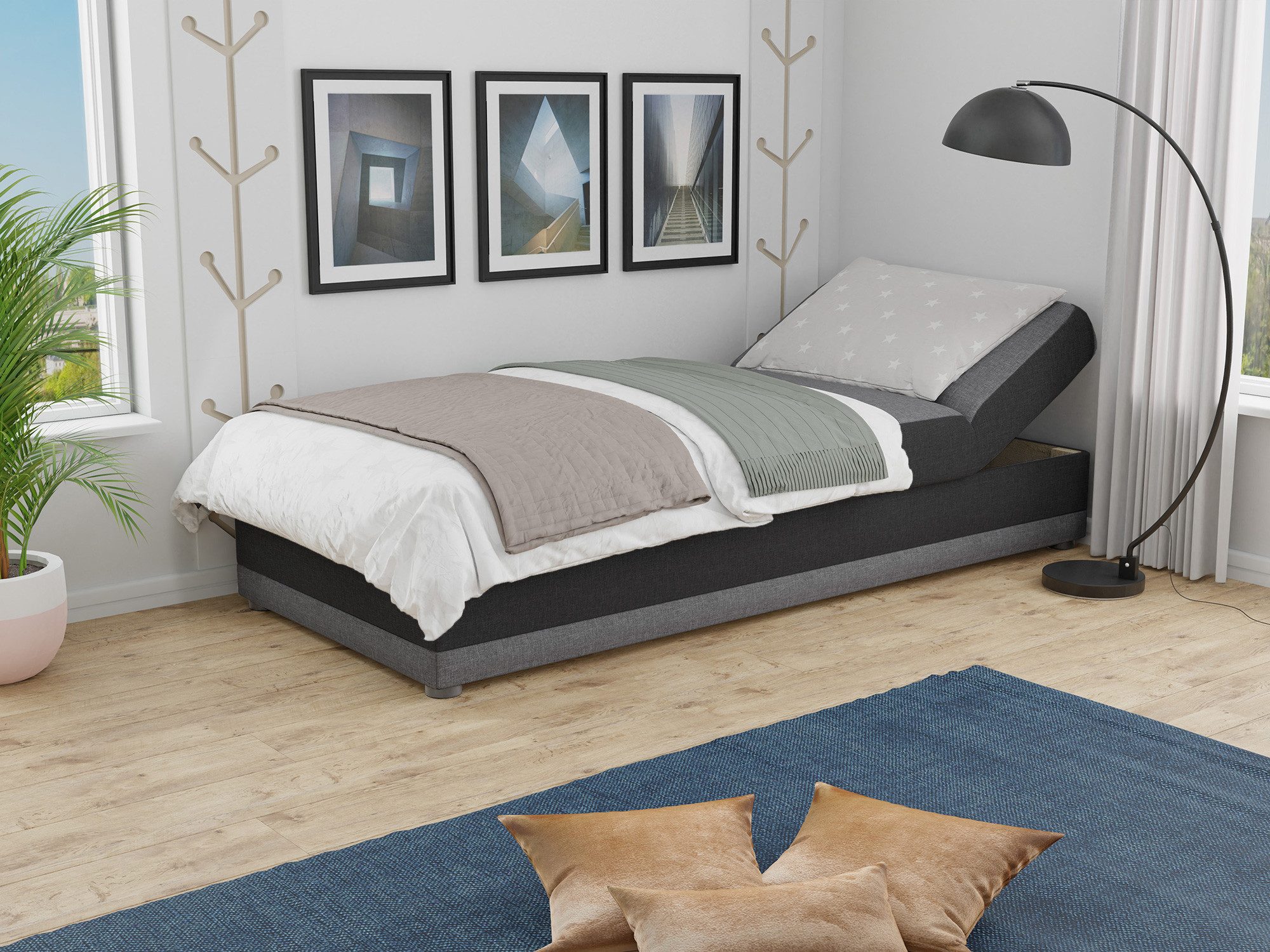 Sofnet Polsterbett Andre (mit Bettkasten und Bonell-Matratze), Einzelbett, Kinderbett, Schlafsofa - Regulierbarer Rückenlehne