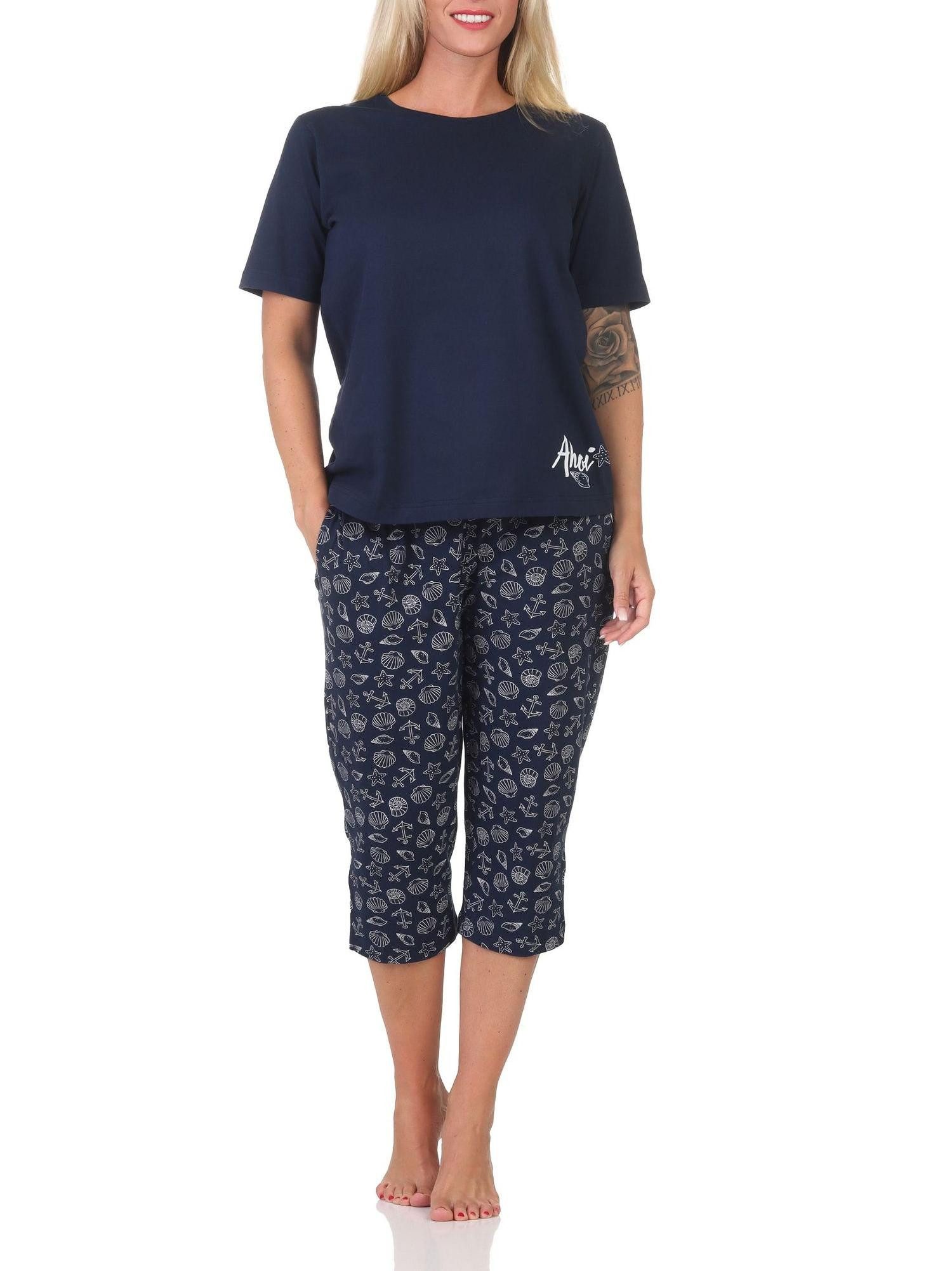 Normann Pyjama Damen kurzarm Capri Schlafanzug in maritimer Optik -auch in Übergröße