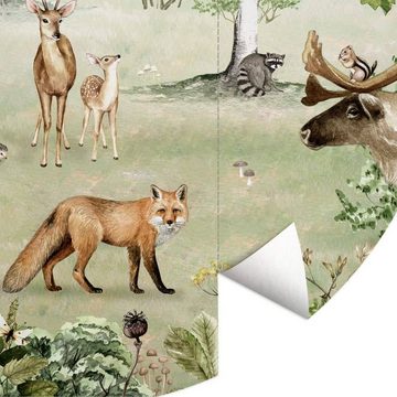 K&L Wall Art Fototapete Fototapete Baby Kinderzimmer Waldtiere Fuchs Hirsch Elch Vliestapete rund, große Kinder Motivtapete