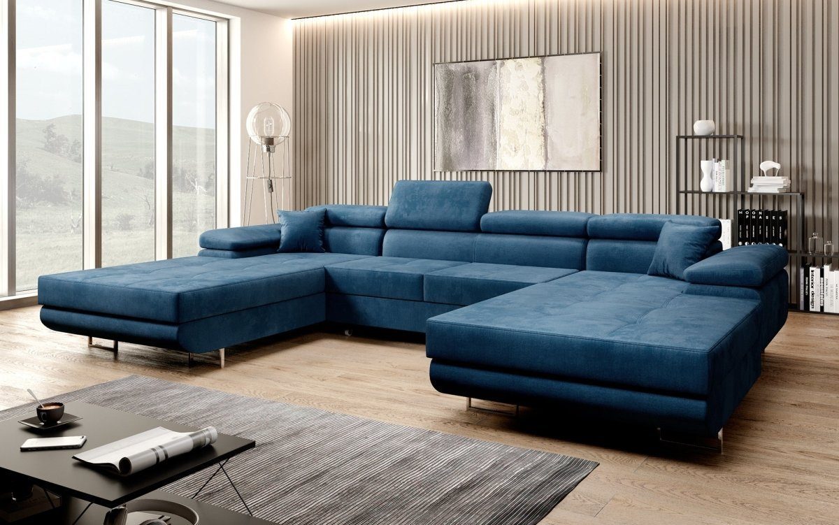 Luxusbetten24 Sofa Calvera U, mit Schlaf- und Klapptfunktion Blau