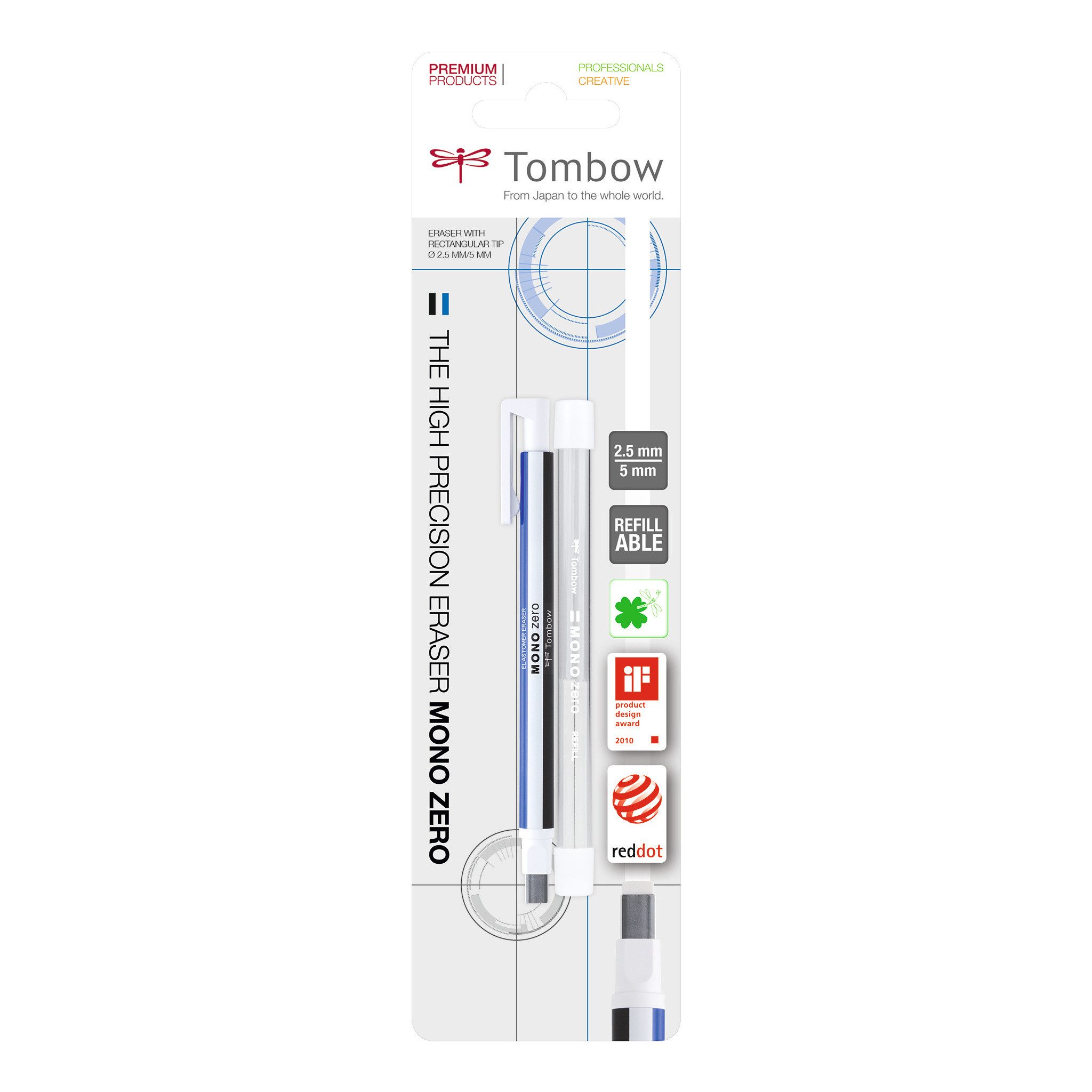 TOMBOW Radiergummi MONO zero, Radierstift, eckige 2,5 x 5 mm Spitze, inkl. Nachfüllung