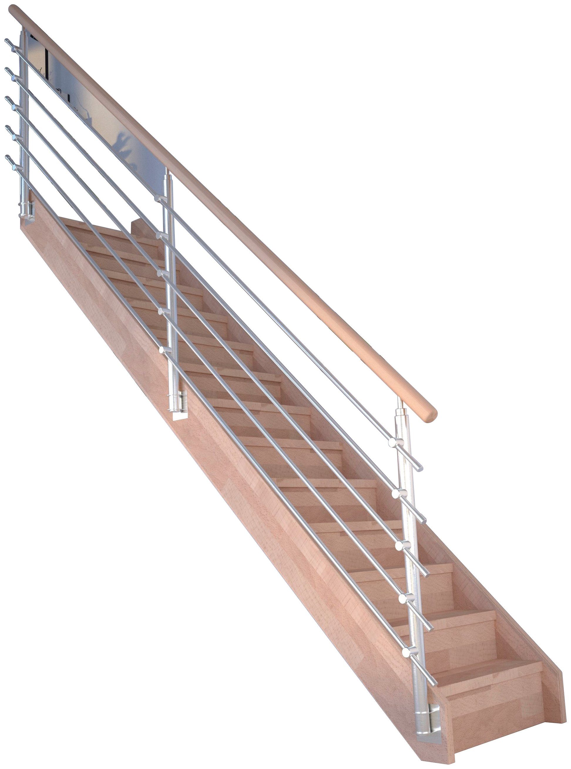Starwood Systemtreppe Massivholz geschlossen, Geschosshöhen Edelstahl, cm, 280 Mykonos, Stufen Wangenteile für Durchgehende bis Design-Geländer