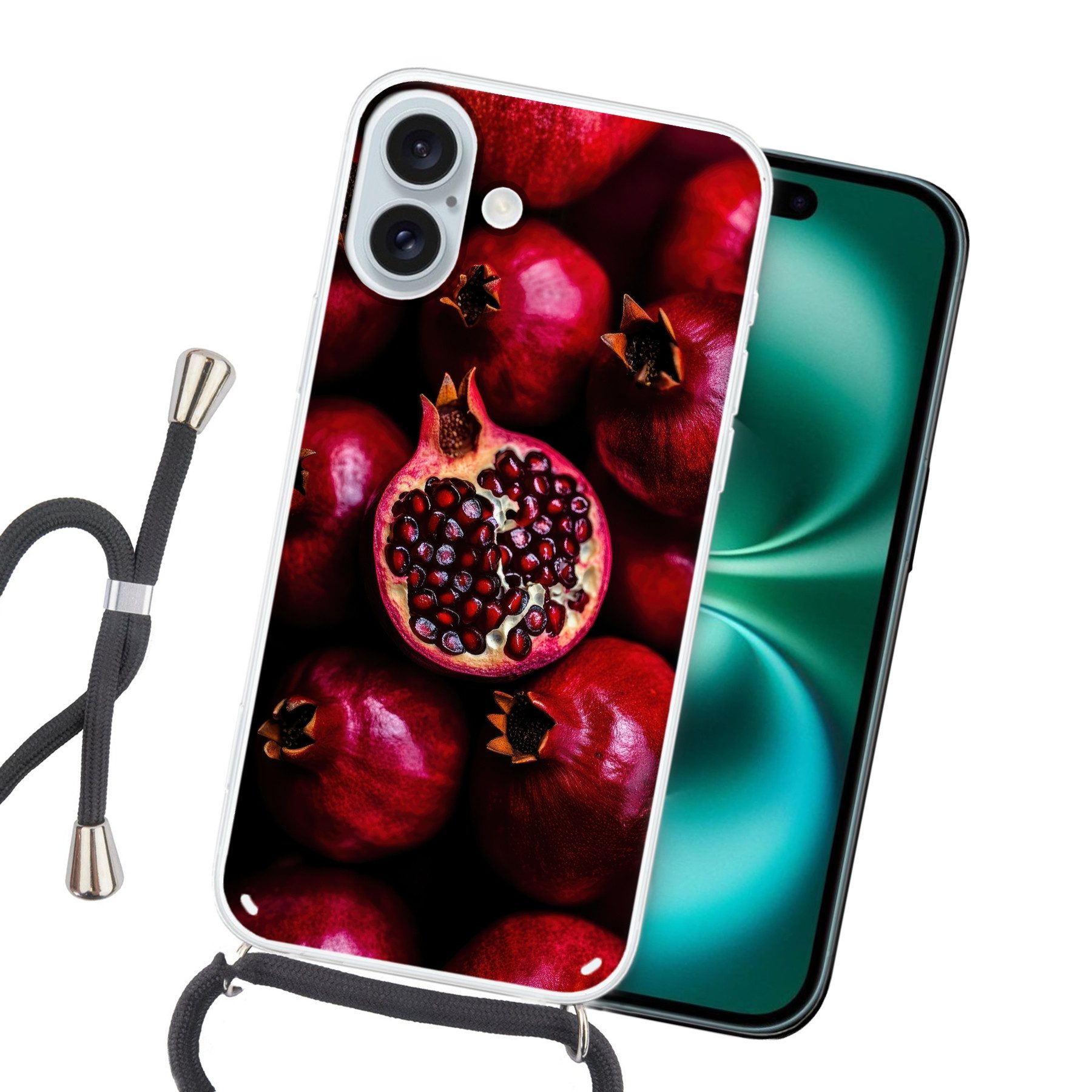 MuchoWow Handyhülle für Apple iPhone 16 Plus Granatapfel - Rot - Obst, Tragbare Handyhüllen mit Kette zum umhängen, Handykette Handyband