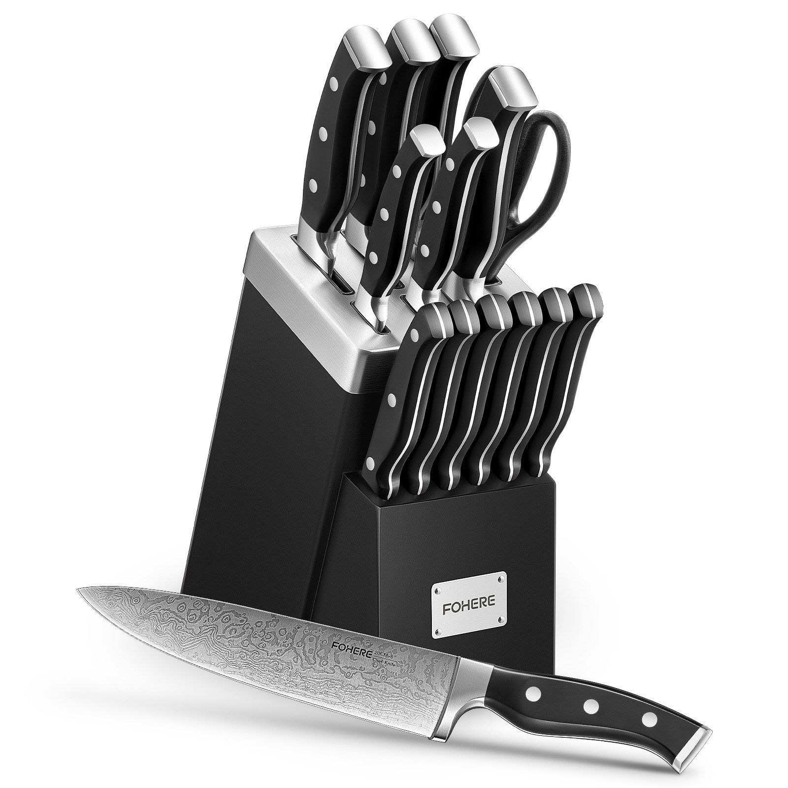 FOHERE Messer-Set 14-teiliges Messerset mit integriertem Schärfer und Wellenmuster (Set, 14-tlg), ergonomische Griffe, modernes Messerblock