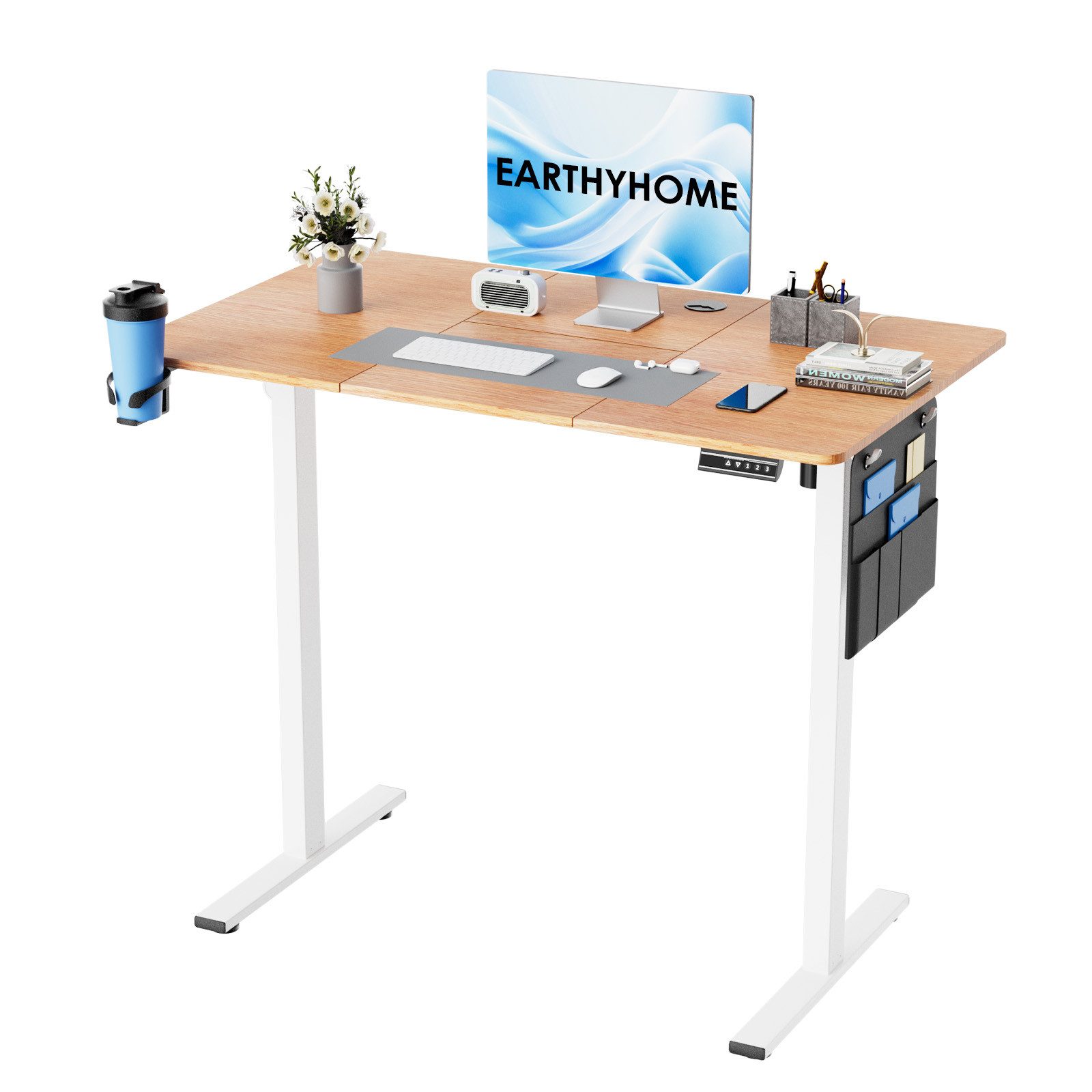 Earthyhome Schreibtisch Elektrisch höhenverstellbar mit 3-Funktions-Memory, mit Kabelmanagement und Haken, Intelligenter Kollisionsschutz