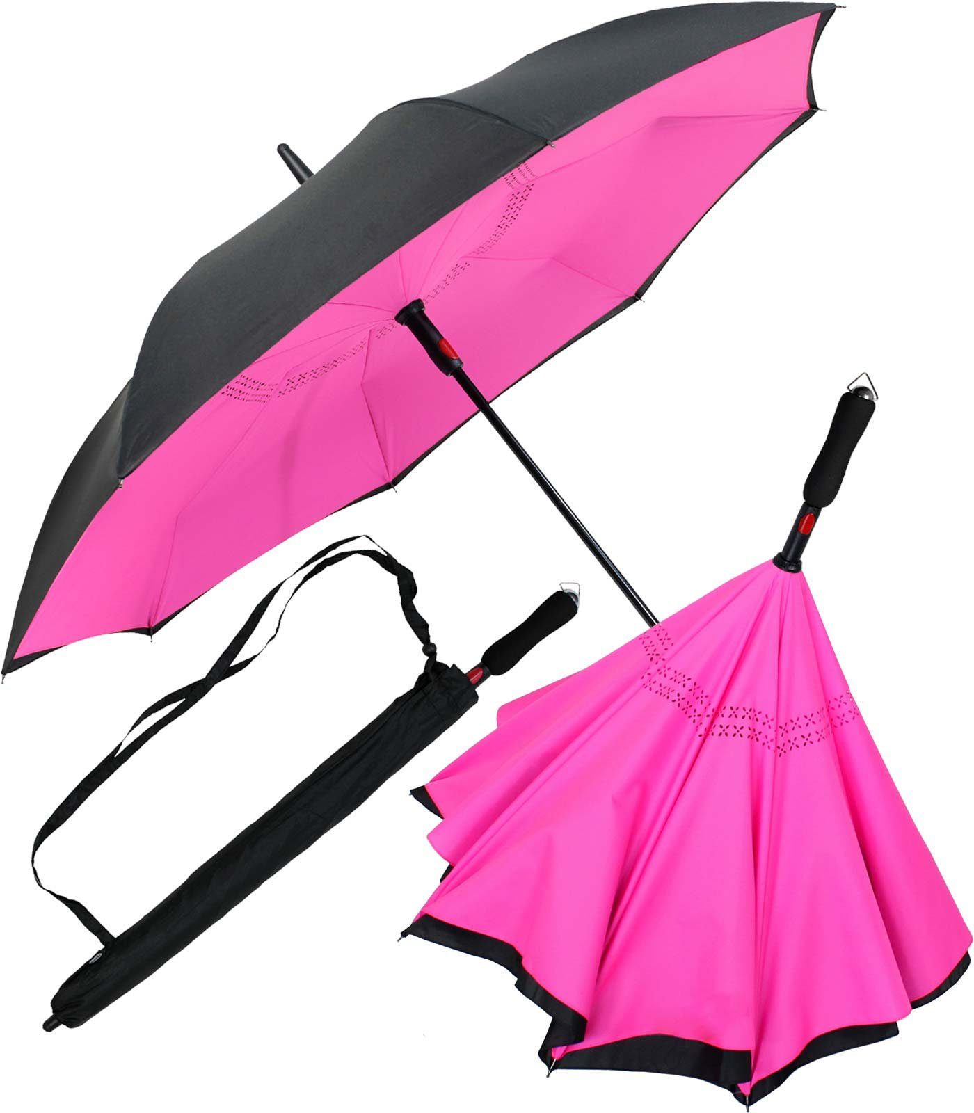 iX-brella Langregenschirm Reverse-Schirm - umgedreht zu öffnen mit Automatik, umgedreht schwarz-neon-pink