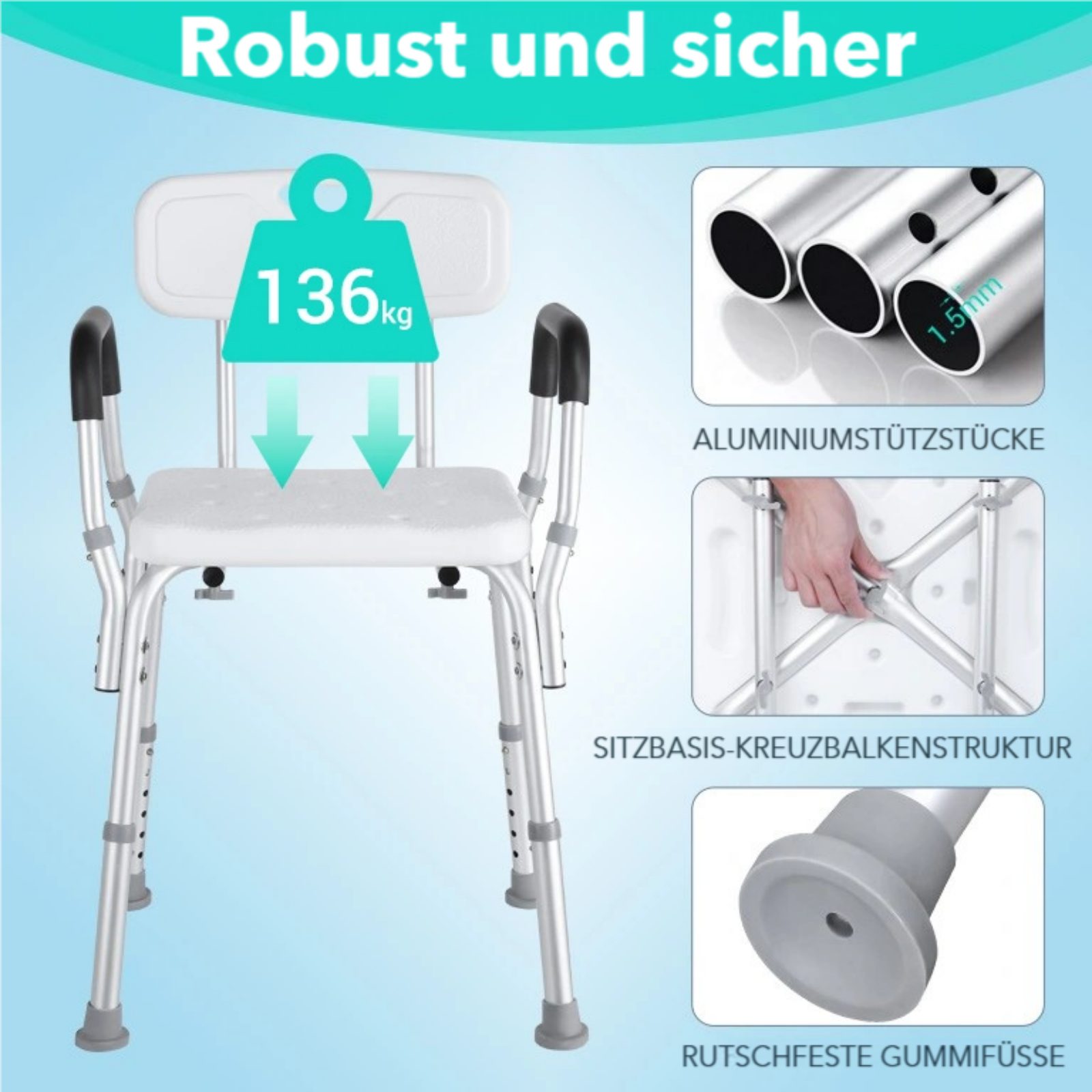 TLGREEN Duschstuhl mit Abnehmbarer Rückenlehne und Armlehne, 6-stufige Verstellung(39-52 cm),Sicher duschen für Senioren & Menschen