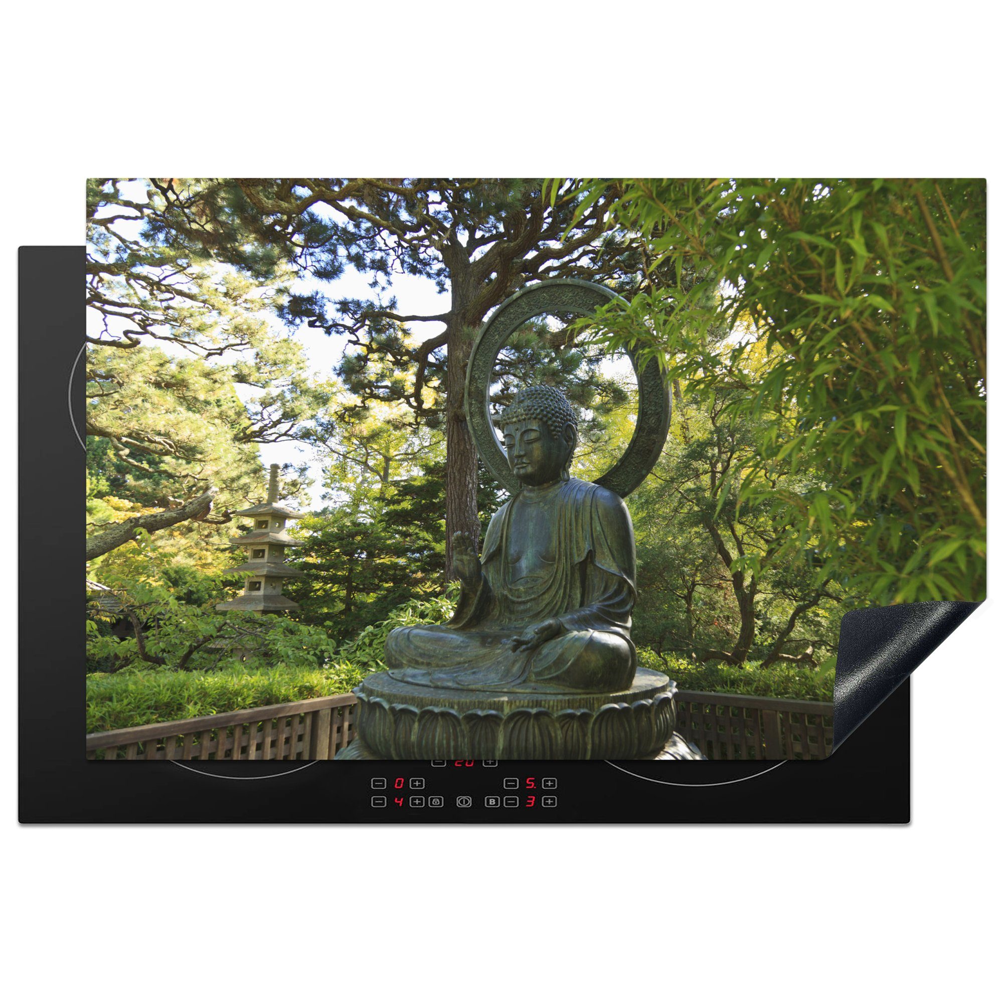 MuchoWow Herdblende-/Abdeckplatte Buddha zwischen den Bäumen im Golden Gate Park, Vinyl, (1 tlg), 81x52 cm, Induktionskochfeld Schutz für die küche, Ceranfeldabdeckung