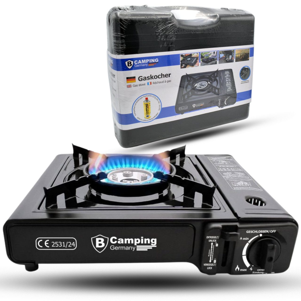 bahama Gaskocher für Gas Kartuschen 227g mobiler Camping Kocher Outdoor 1-flammig, (Butangaskocher Gasherd), Campingkocher Kartuschenkocher 1-flammig mit Trage-Koffer