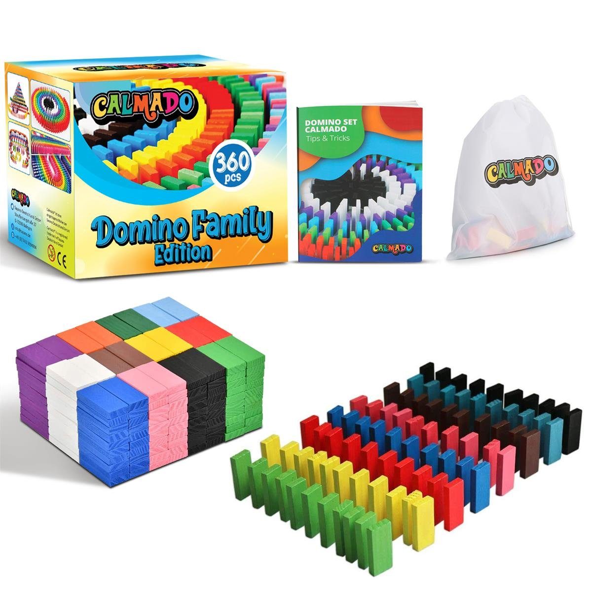 Calmado Spielesammlung Domino Steine Spiel aus Holz Dominosteine im Set + Tasche + Anleitung