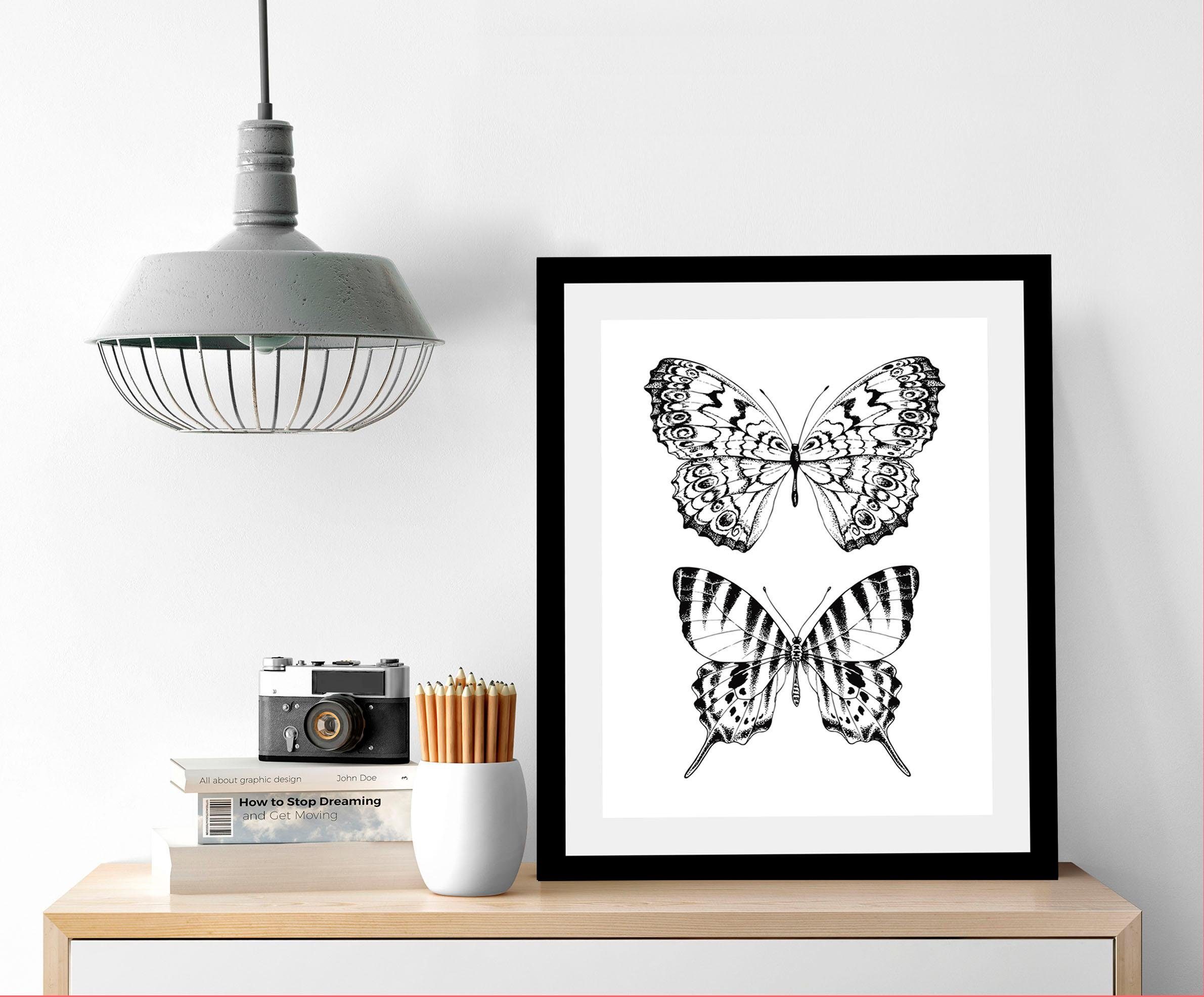 queence Bild Schmetterlinge, Insekten, Kunst, Schmetterlinge, Schwarz-Weiß, Tiere, HD Premium Poster-Druck inkl. Holzrahmen