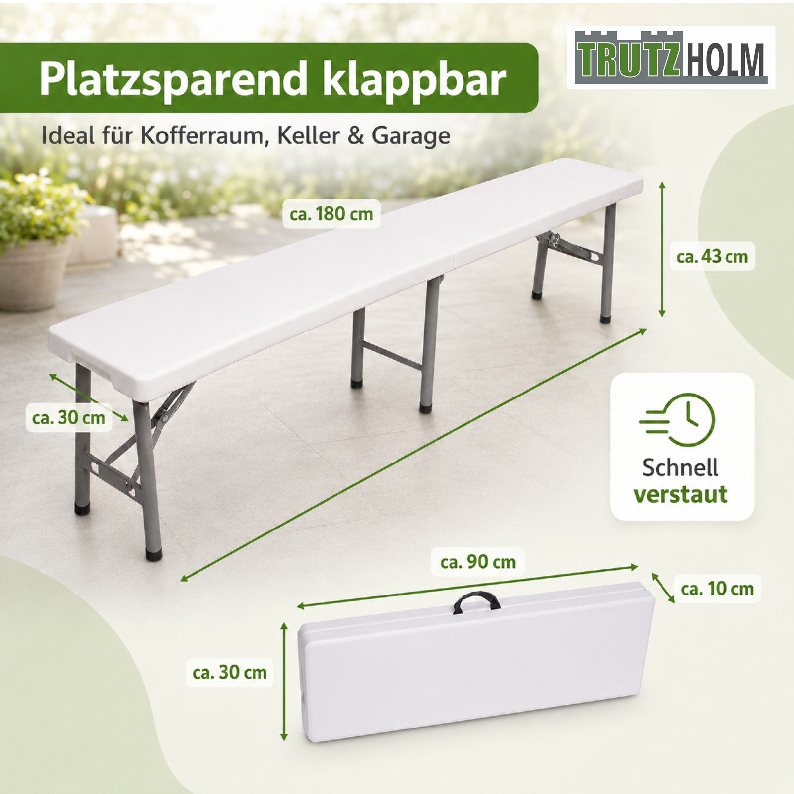 TRUTZHOLM Bierzeltgarnitur Bierzeltbank 4 Personen Kunstoff 180 cm Klappbank Partybank Bierbank, (Einzelbank, 1-tlg), weiß,klappbar